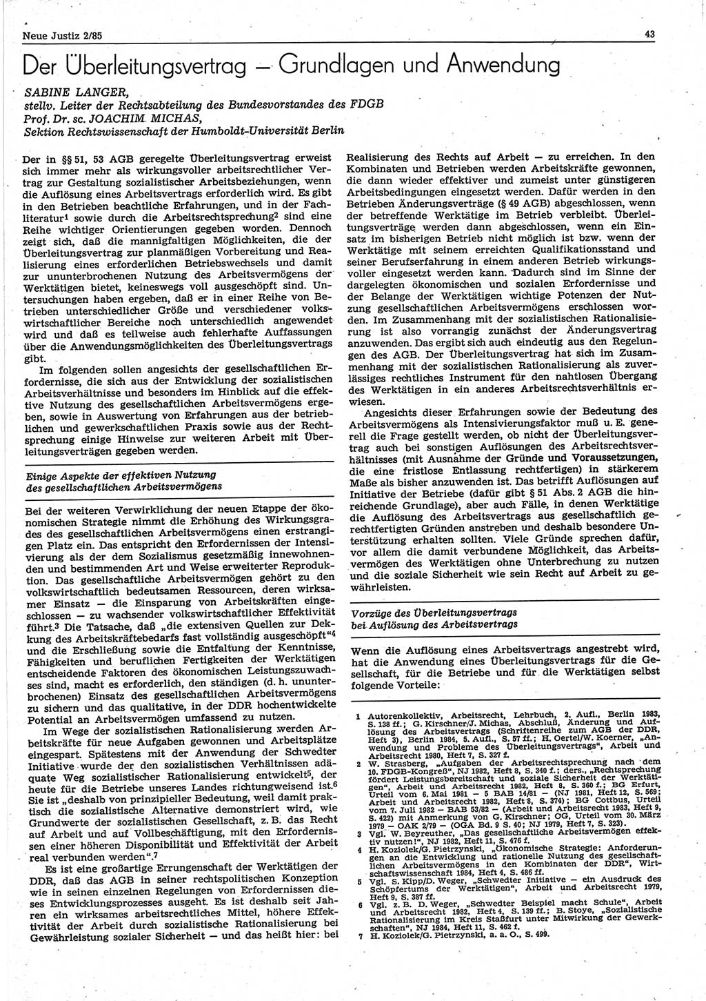Neue Justiz (NJ), Zeitschrift für sozialistisches Recht und Gesetzlichkeit [Deutsche Demokratische Republik (DDR)], 39. Jahrgang 1985, Seite 43 (NJ DDR 1985, S. 43)