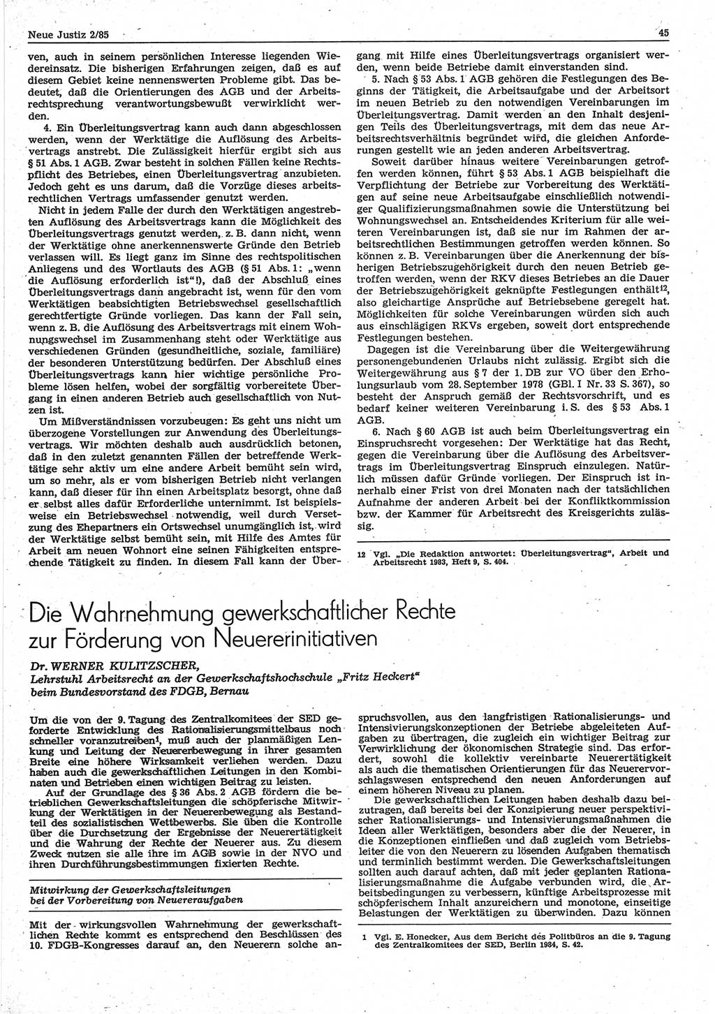 Neue Justiz (NJ), Zeitschrift für sozialistisches Recht und Gesetzlichkeit [Deutsche Demokratische Republik (DDR)], 39. Jahrgang 1985, Seite 45 (NJ DDR 1985, S. 45)