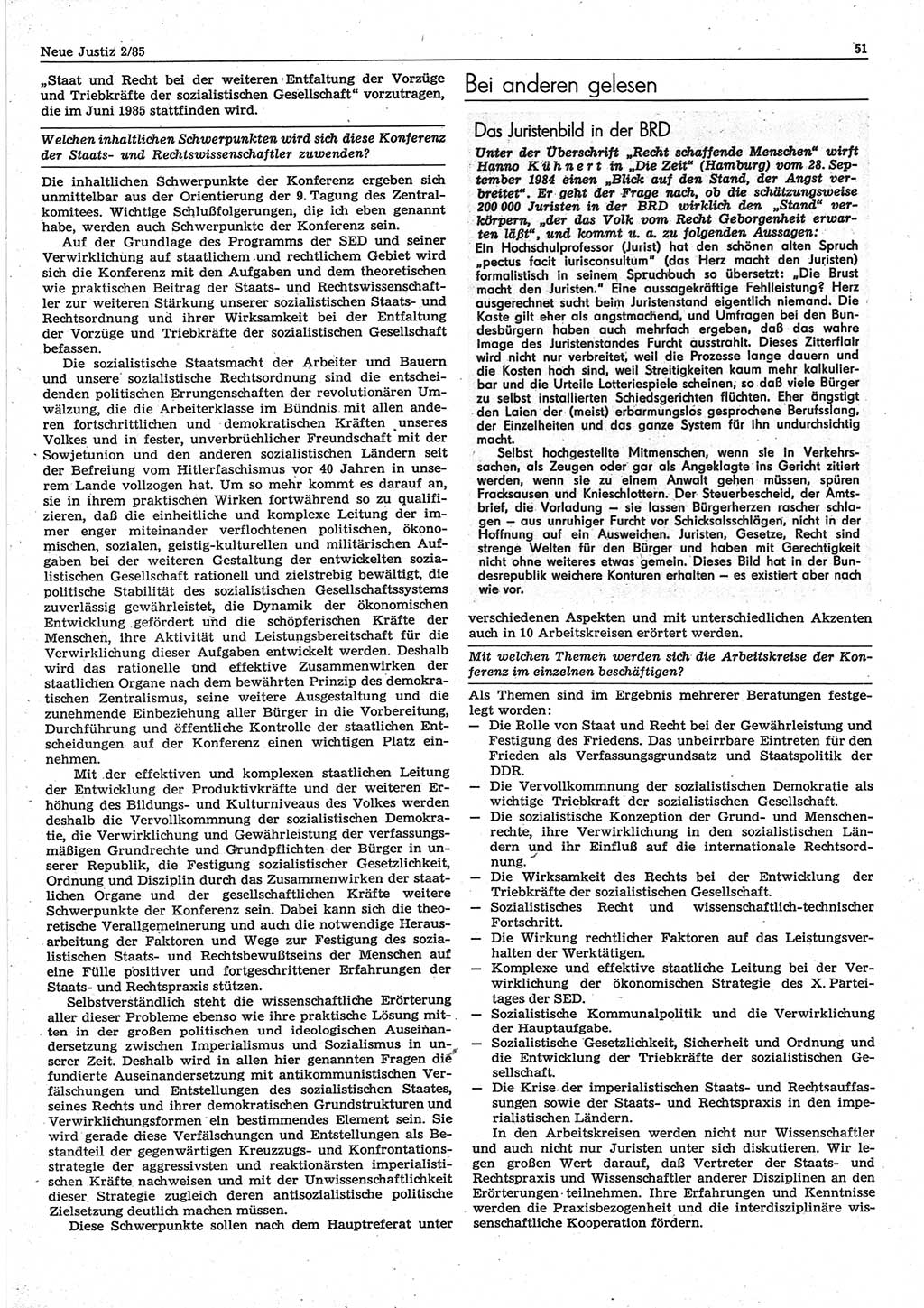Neue Justiz (NJ), Zeitschrift für sozialistisches Recht und Gesetzlichkeit [Deutsche Demokratische Republik (DDR)], 39. Jahrgang 1985, Seite 51 (NJ DDR 1985, S. 51)