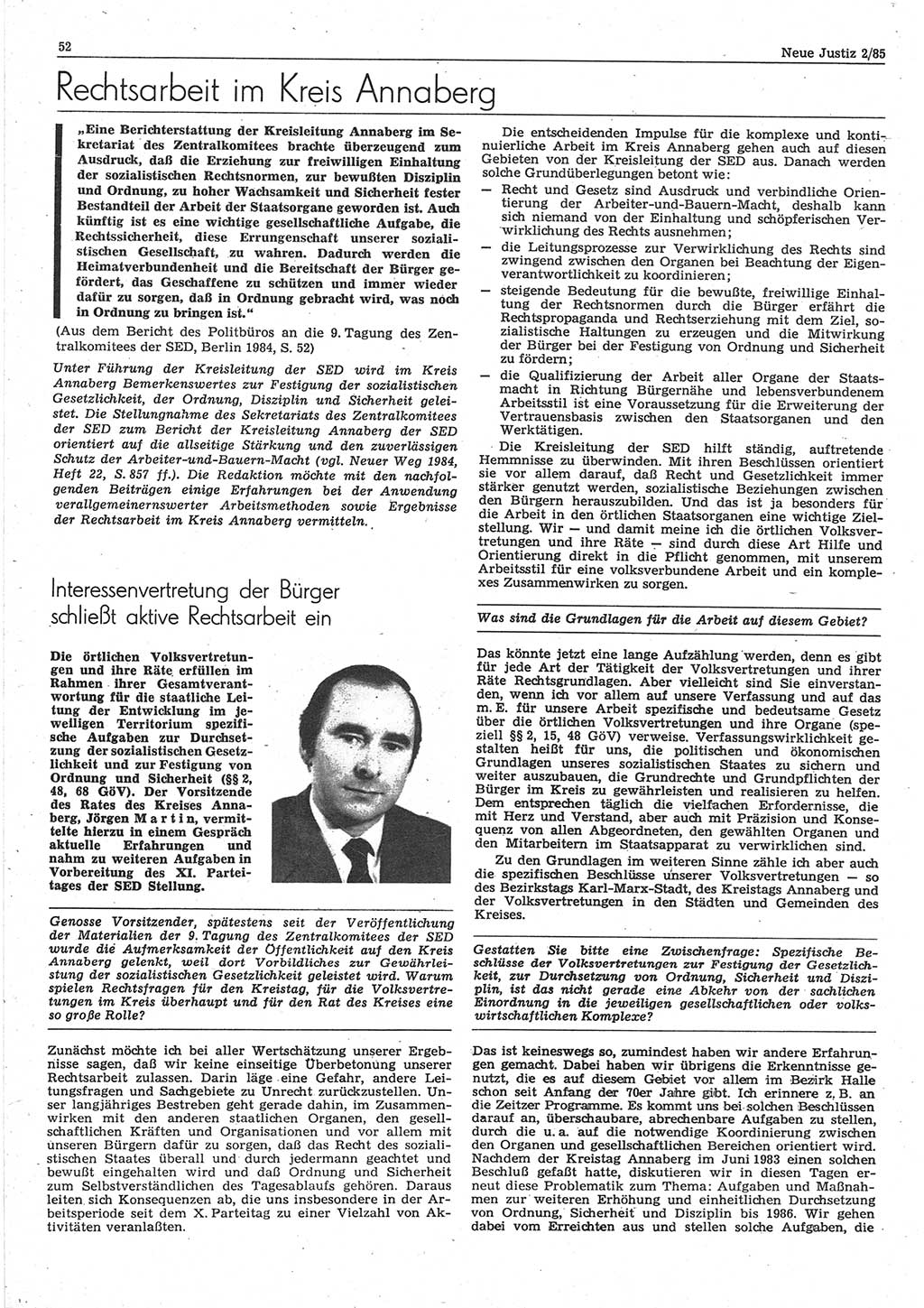 Neue Justiz (NJ), Zeitschrift für sozialistisches Recht und Gesetzlichkeit [Deutsche Demokratische Republik (DDR)], 39. Jahrgang 1985, Seite 52 (NJ DDR 1985, S. 52)