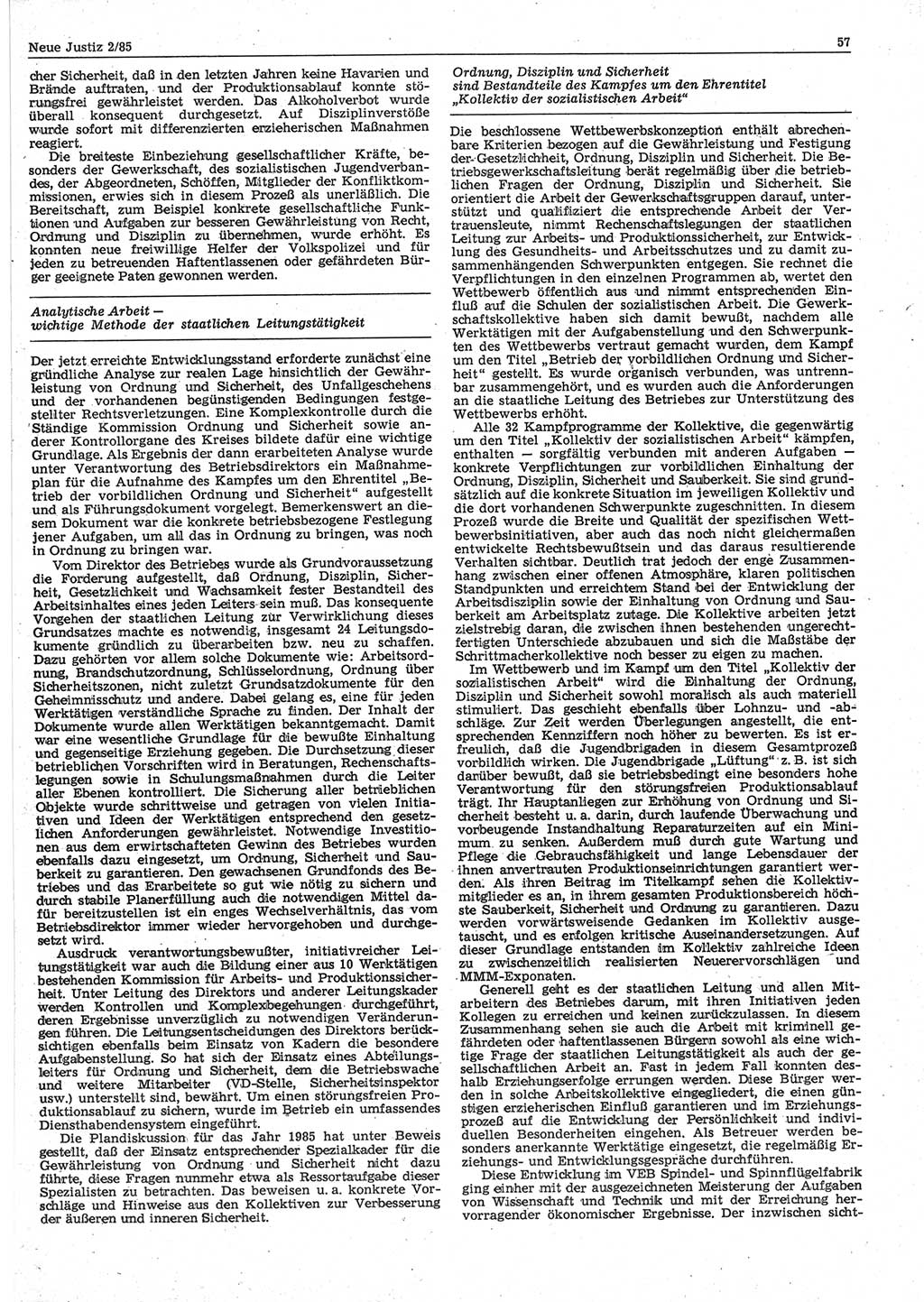 Neue Justiz (NJ), Zeitschrift für sozialistisches Recht und Gesetzlichkeit [Deutsche Demokratische Republik (DDR)], 39. Jahrgang 1985, Seite 57 (NJ DDR 1985, S. 57)