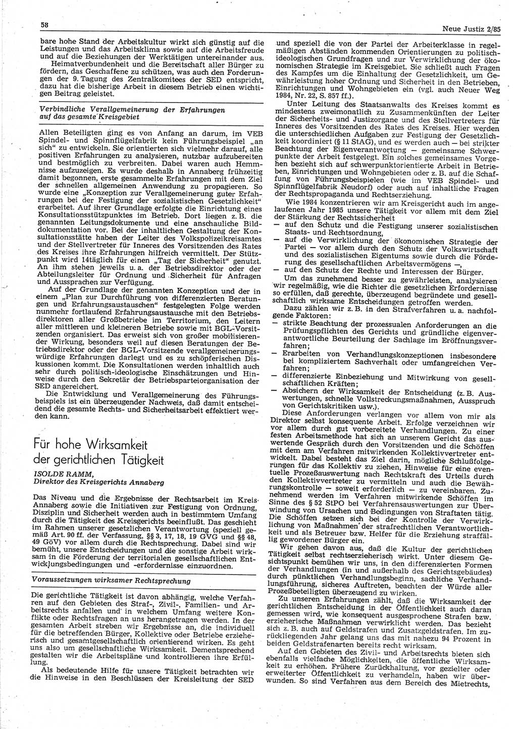 Neue Justiz (NJ), Zeitschrift für sozialistisches Recht und Gesetzlichkeit [Deutsche Demokratische Republik (DDR)], 39. Jahrgang 1985, Seite 58 (NJ DDR 1985, S. 58)