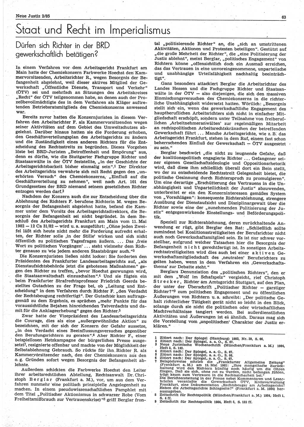 Neue Justiz (NJ), Zeitschrift für sozialistisches Recht und Gesetzlichkeit [Deutsche Demokratische Republik (DDR)], 39. Jahrgang 1985, Seite 63 (NJ DDR 1985, S. 63)