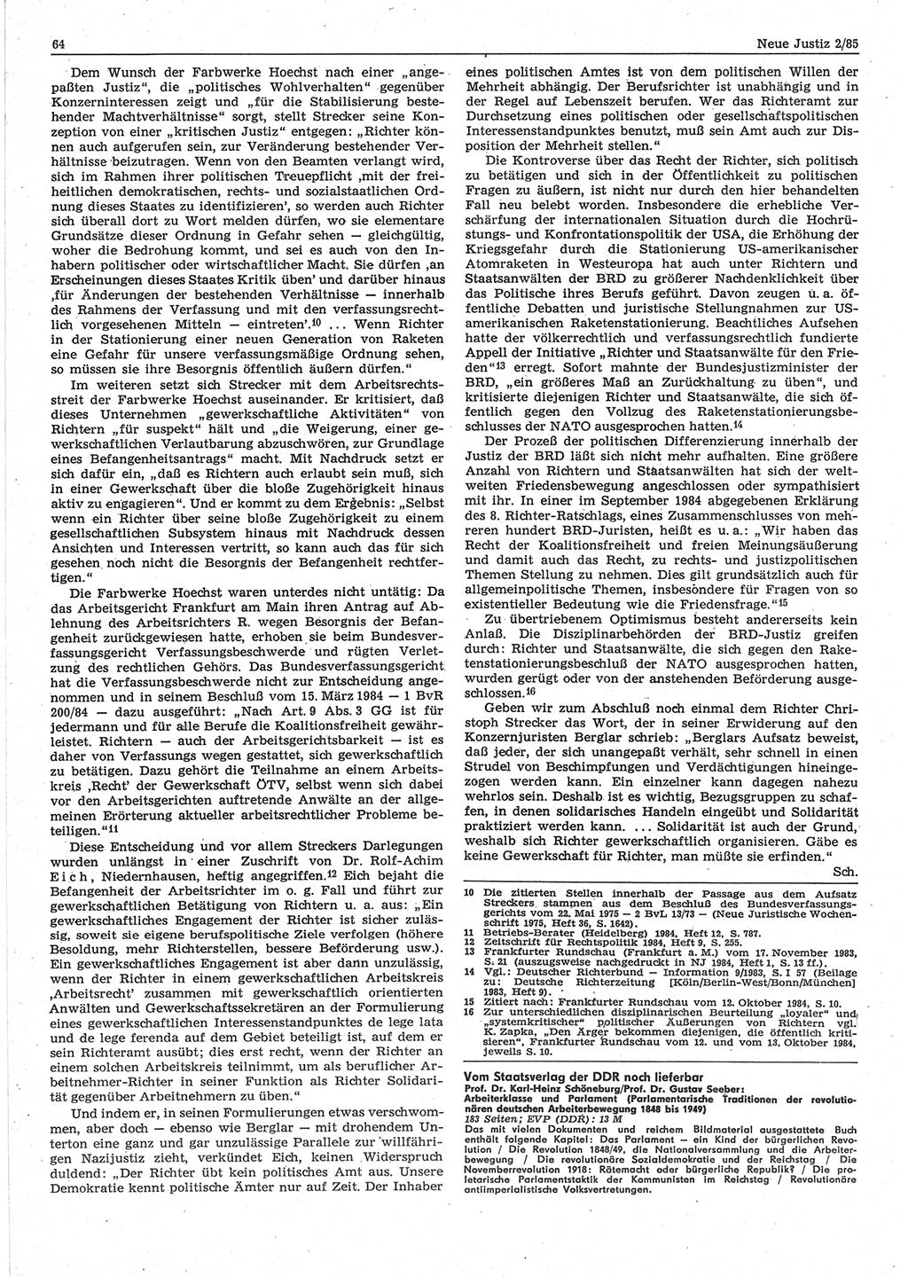 Neue Justiz (NJ), Zeitschrift für sozialistisches Recht und Gesetzlichkeit [Deutsche Demokratische Republik (DDR)], 39. Jahrgang 1985, Seite 64 (NJ DDR 1985, S. 64)
