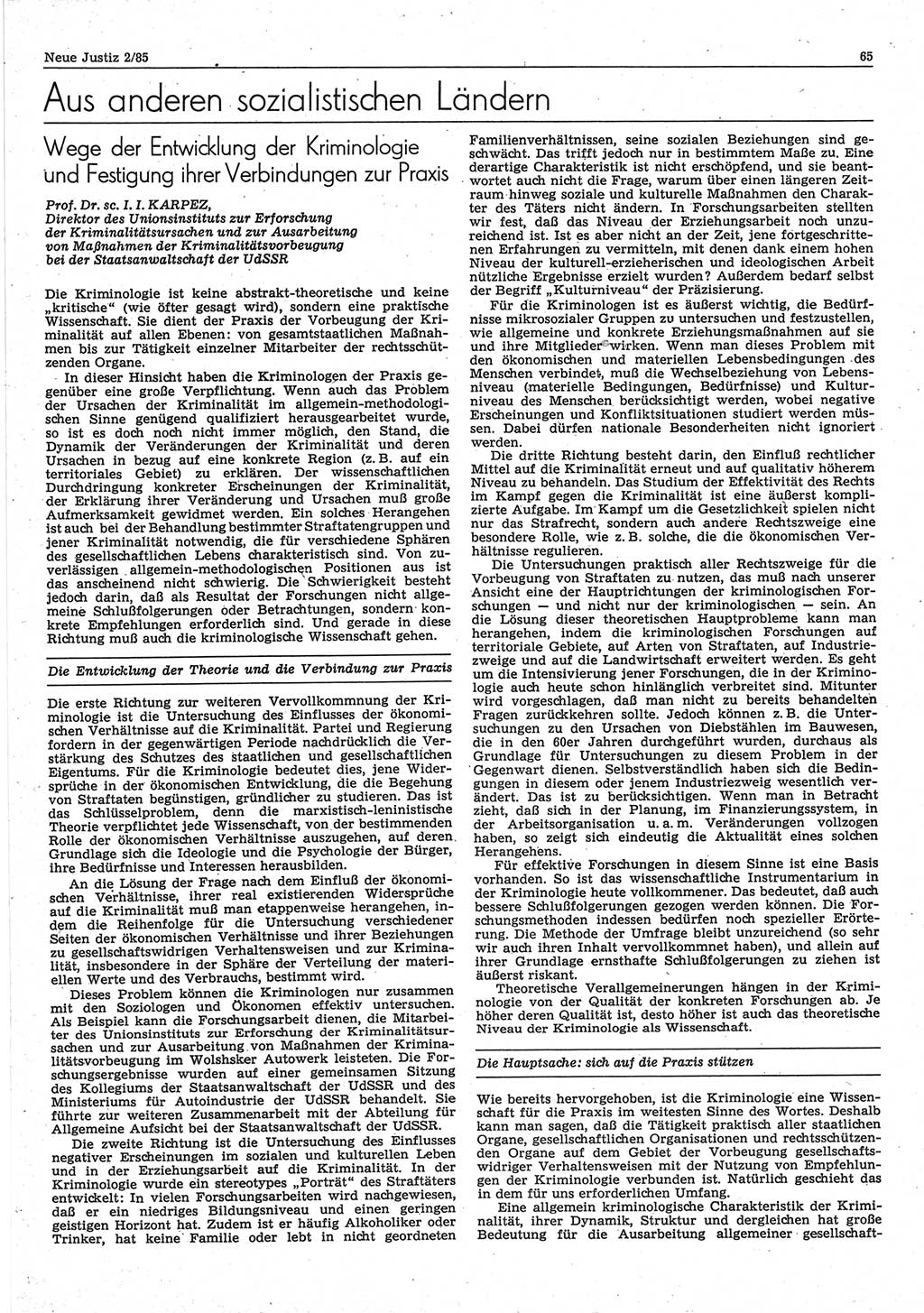 Neue Justiz (NJ), Zeitschrift für sozialistisches Recht und Gesetzlichkeit [Deutsche Demokratische Republik (DDR)], 39. Jahrgang 1985, Seite 65 (NJ DDR 1985, S. 65)