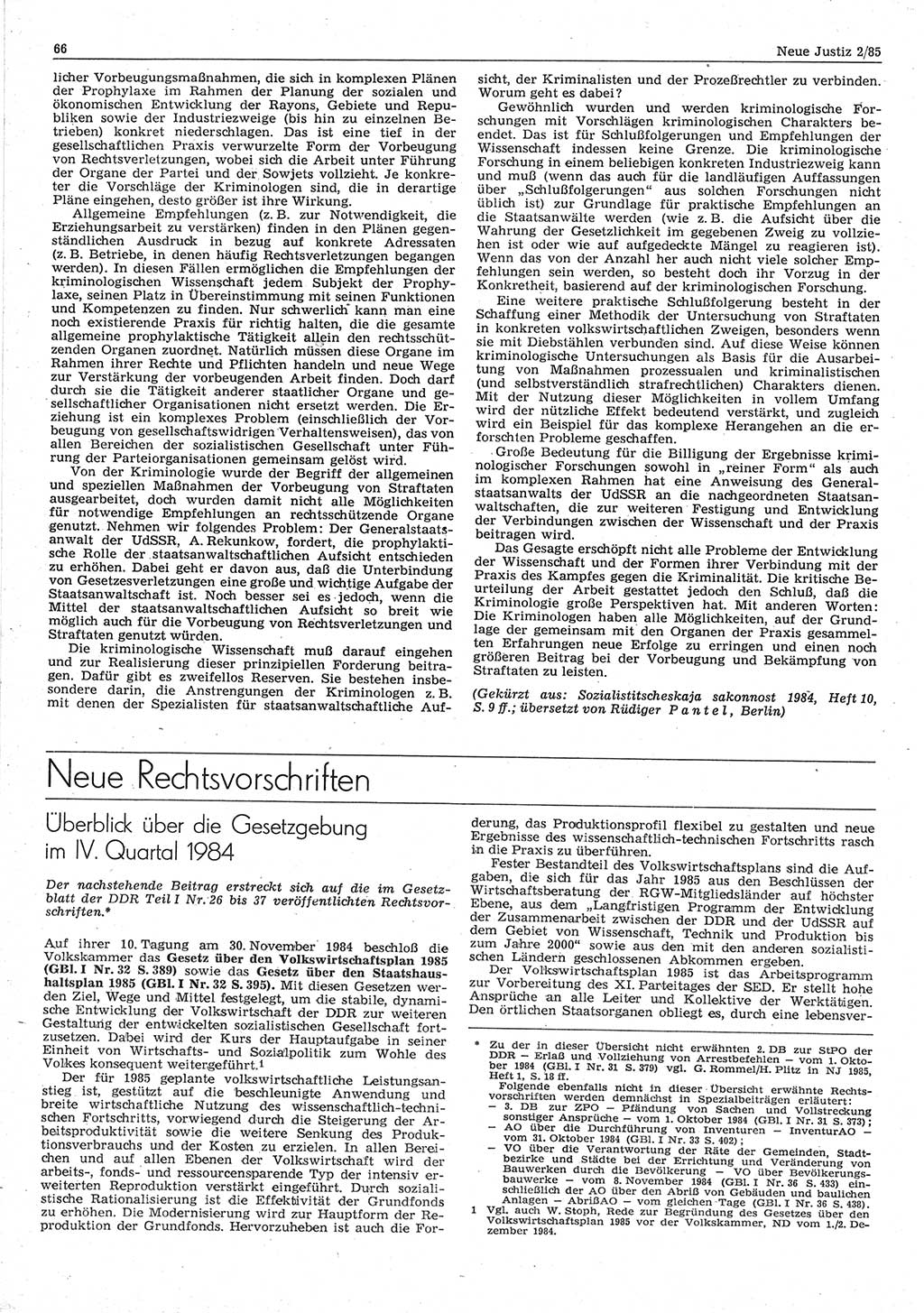 Neue Justiz (NJ), Zeitschrift für sozialistisches Recht und Gesetzlichkeit [Deutsche Demokratische Republik (DDR)], 39. Jahrgang 1985, Seite 66 (NJ DDR 1985, S. 66)