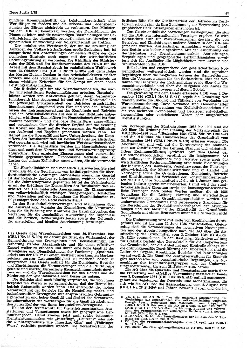 Neue Justiz (NJ), Zeitschrift für sozialistisches Recht und Gesetzlichkeit [Deutsche Demokratische Republik (DDR)], 39. Jahrgang 1985, Seite 67 (NJ DDR 1985, S. 67)