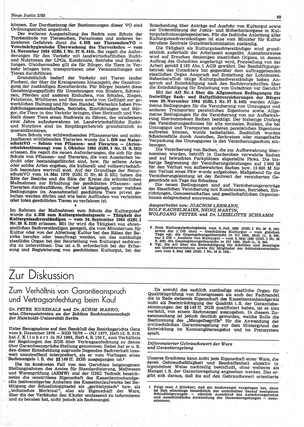 Neue Justiz (NJ), Zeitschrift für sozialistisches Recht und Gesetzlichkeit [Deutsche Demokratische Republik (DDR)], 39. Jahrgang 1985, Seite 69 (NJ DDR 1985, S. 69)