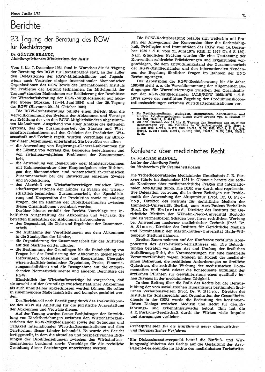 Neue Justiz (NJ), Zeitschrift für sozialistisches Recht und Gesetzlichkeit [Deutsche Demokratische Republik (DDR)], 39. Jahrgang 1985, Seite 71 (NJ DDR 1985, S. 71)