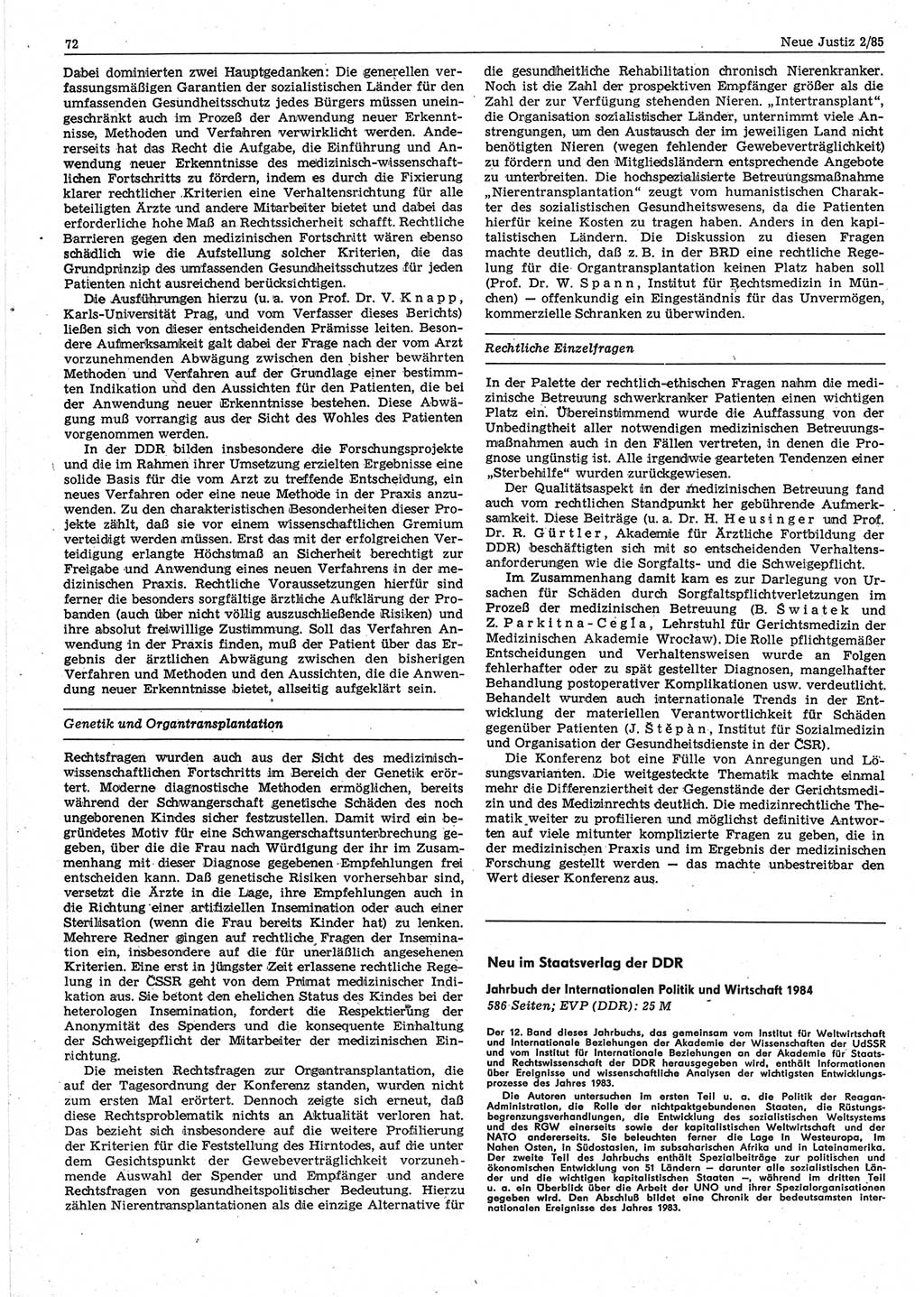 Neue Justiz (NJ), Zeitschrift für sozialistisches Recht und Gesetzlichkeit [Deutsche Demokratische Republik (DDR)], 39. Jahrgang 1985, Seite 72 (NJ DDR 1985, S. 72)