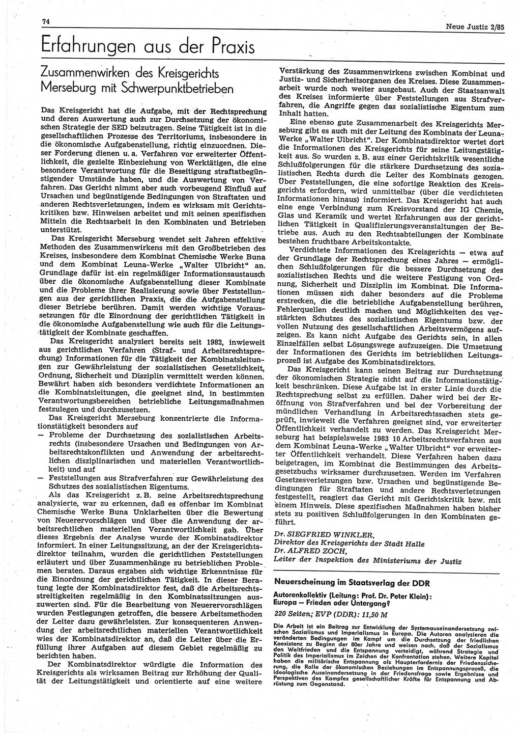 Neue Justiz (NJ), Zeitschrift für sozialistisches Recht und Gesetzlichkeit [Deutsche Demokratische Republik (DDR)], 39. Jahrgang 1985, Seite 74 (NJ DDR 1985, S. 74)