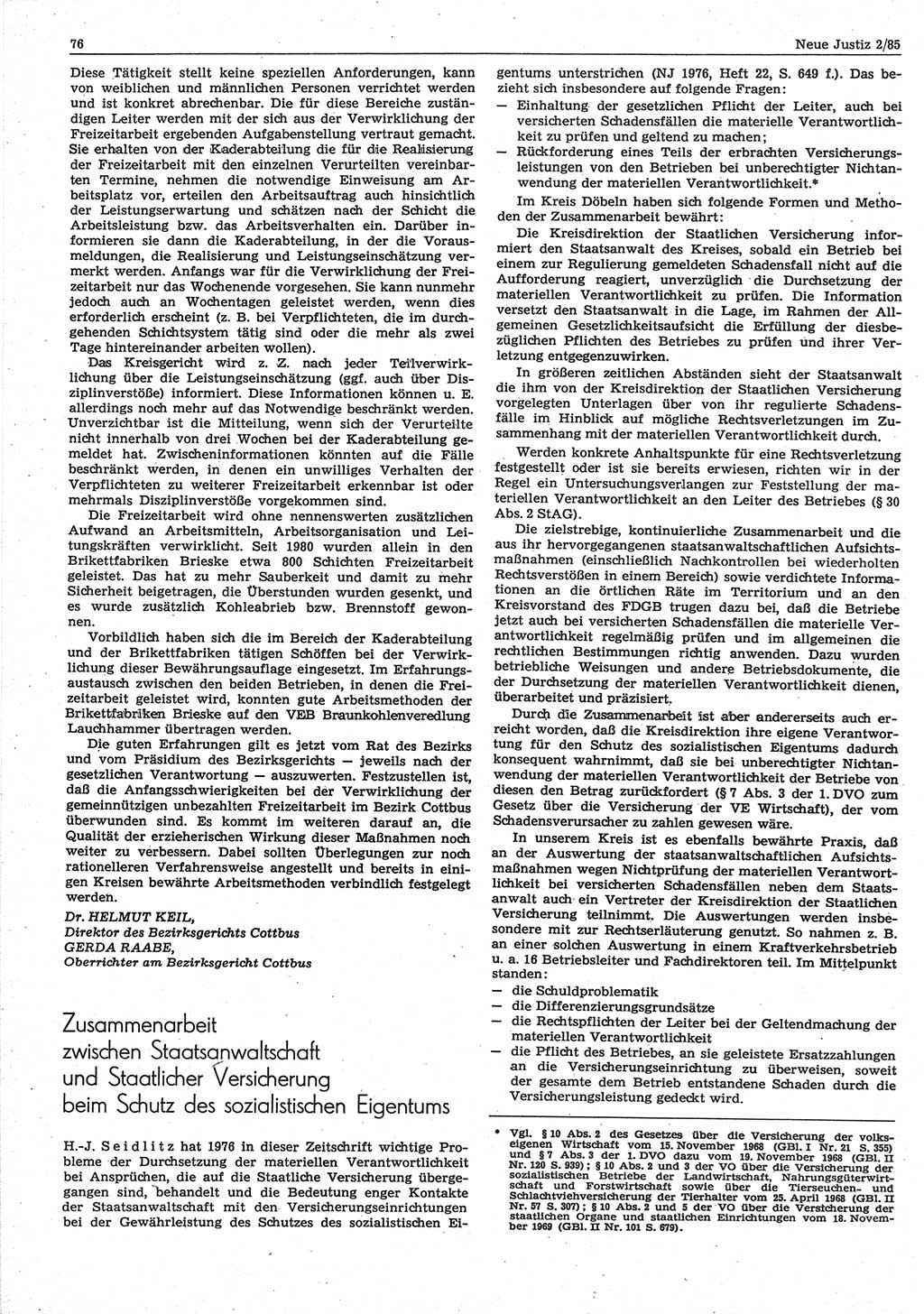 Neue Justiz (NJ), Zeitschrift für sozialistisches Recht und Gesetzlichkeit [Deutsche Demokratische Republik (DDR)], 39. Jahrgang 1985, Seite 76 (NJ DDR 1985, S. 76)
