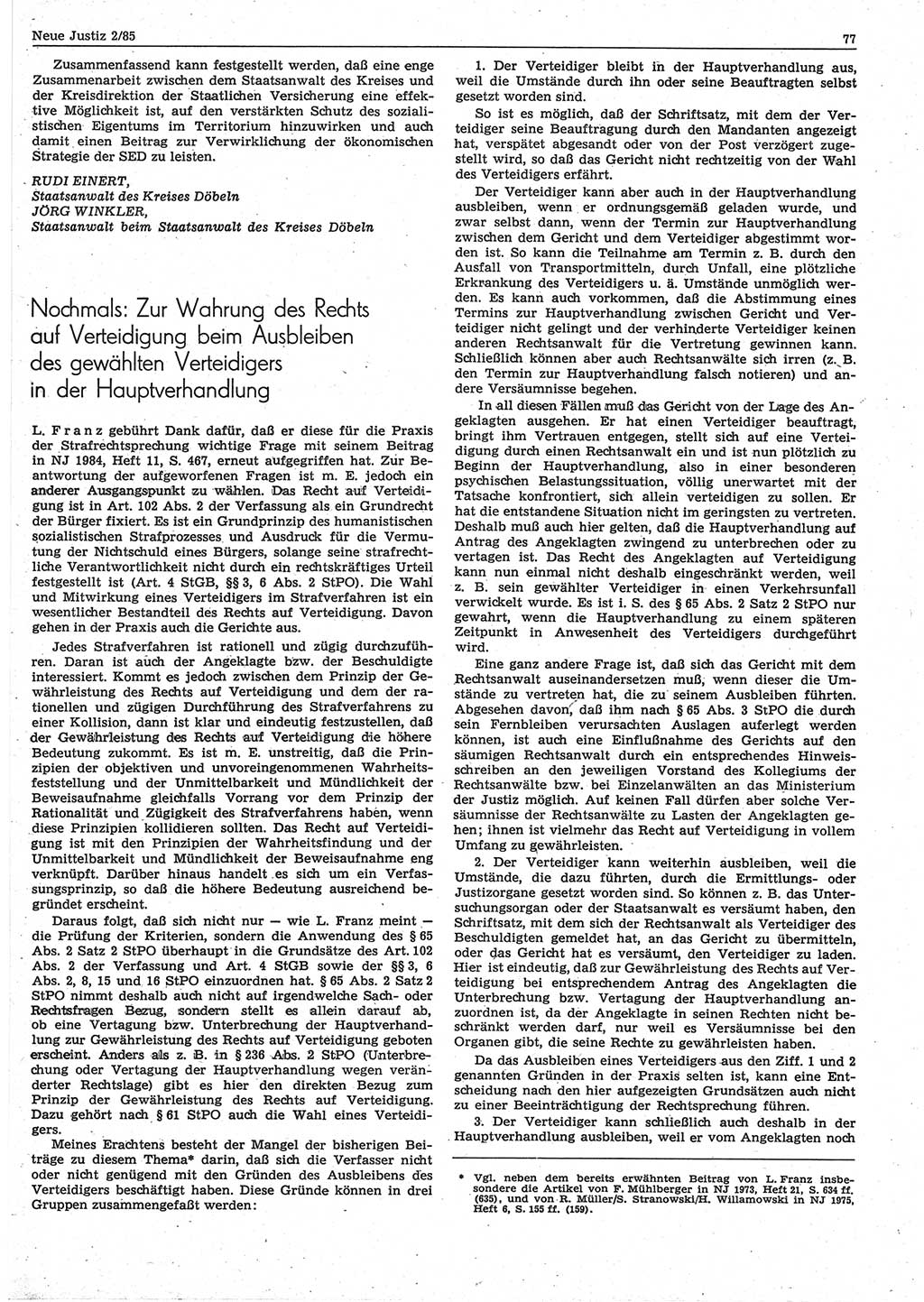 Neue Justiz (NJ), Zeitschrift für sozialistisches Recht und Gesetzlichkeit [Deutsche Demokratische Republik (DDR)], 39. Jahrgang 1985, Seite 77 (NJ DDR 1985, S. 77)