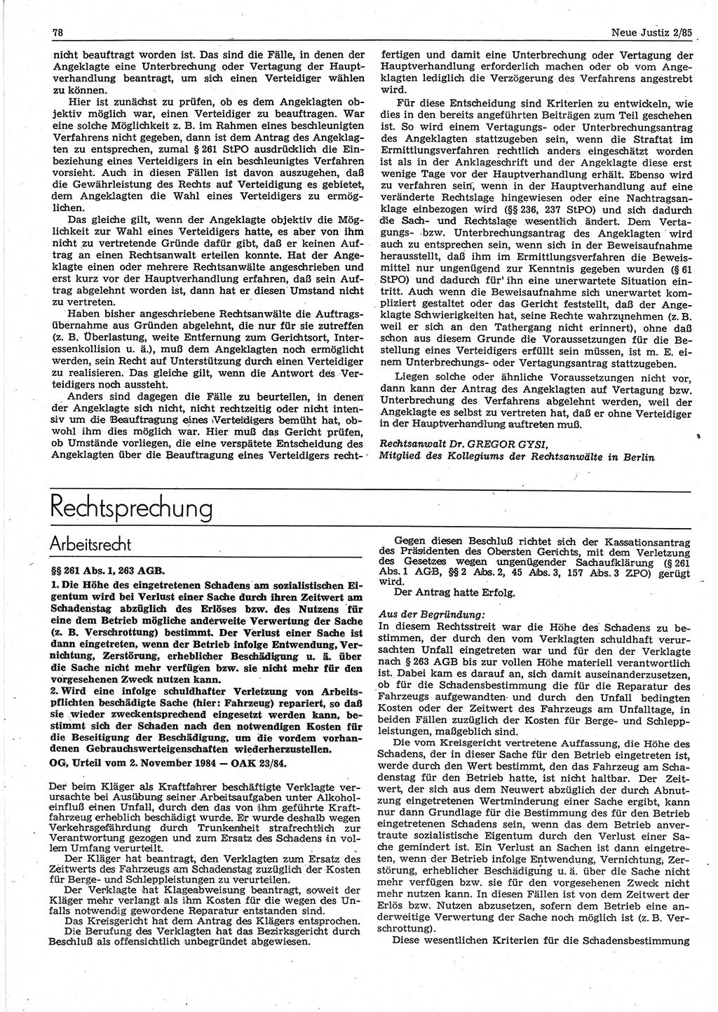 Neue Justiz (NJ), Zeitschrift für sozialistisches Recht und Gesetzlichkeit [Deutsche Demokratische Republik (DDR)], 39. Jahrgang 1985, Seite 78 (NJ DDR 1985, S. 78)