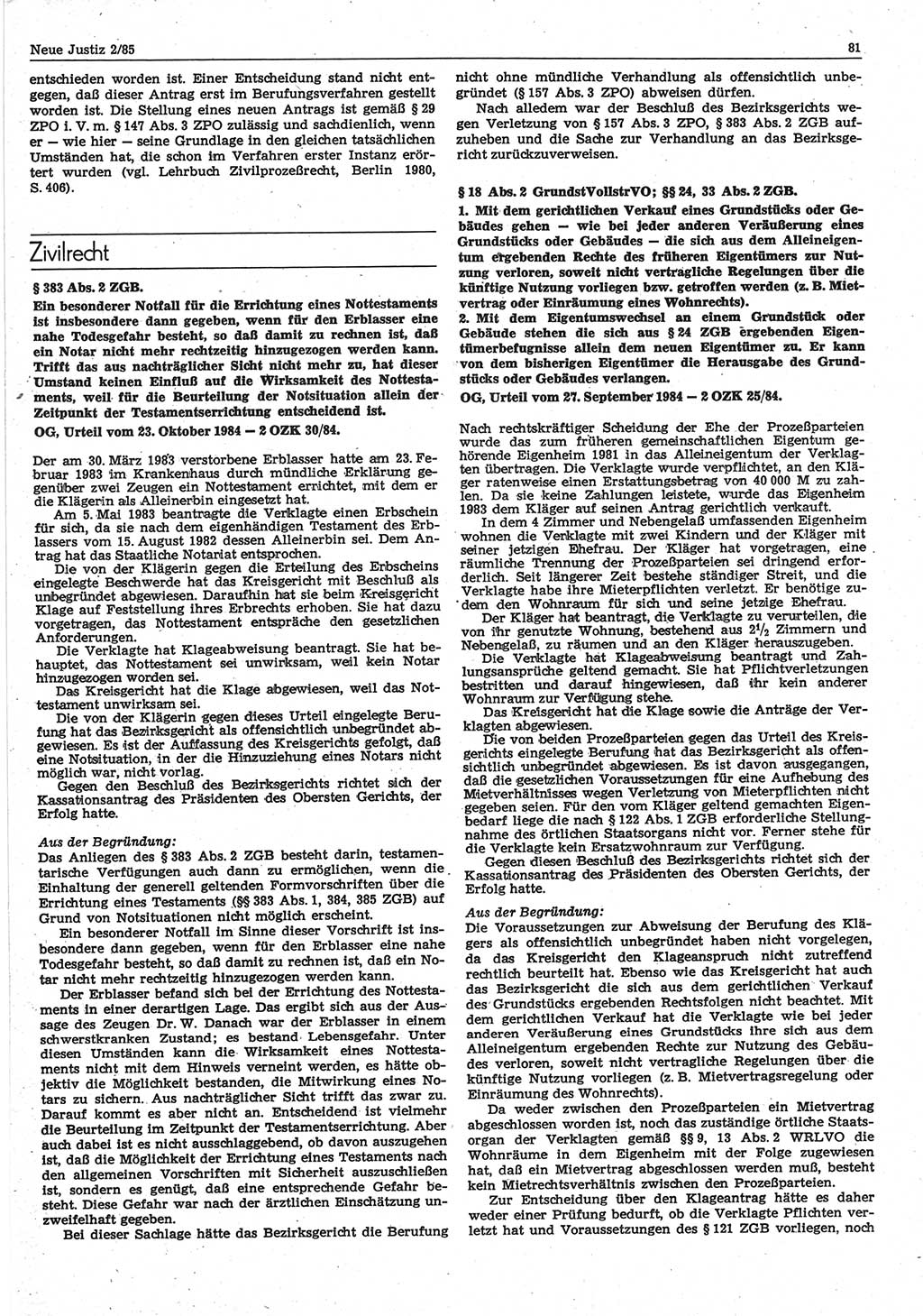 Neue Justiz (NJ), Zeitschrift für sozialistisches Recht und Gesetzlichkeit [Deutsche Demokratische Republik (DDR)], 39. Jahrgang 1985, Seite 81 (NJ DDR 1985, S. 81)