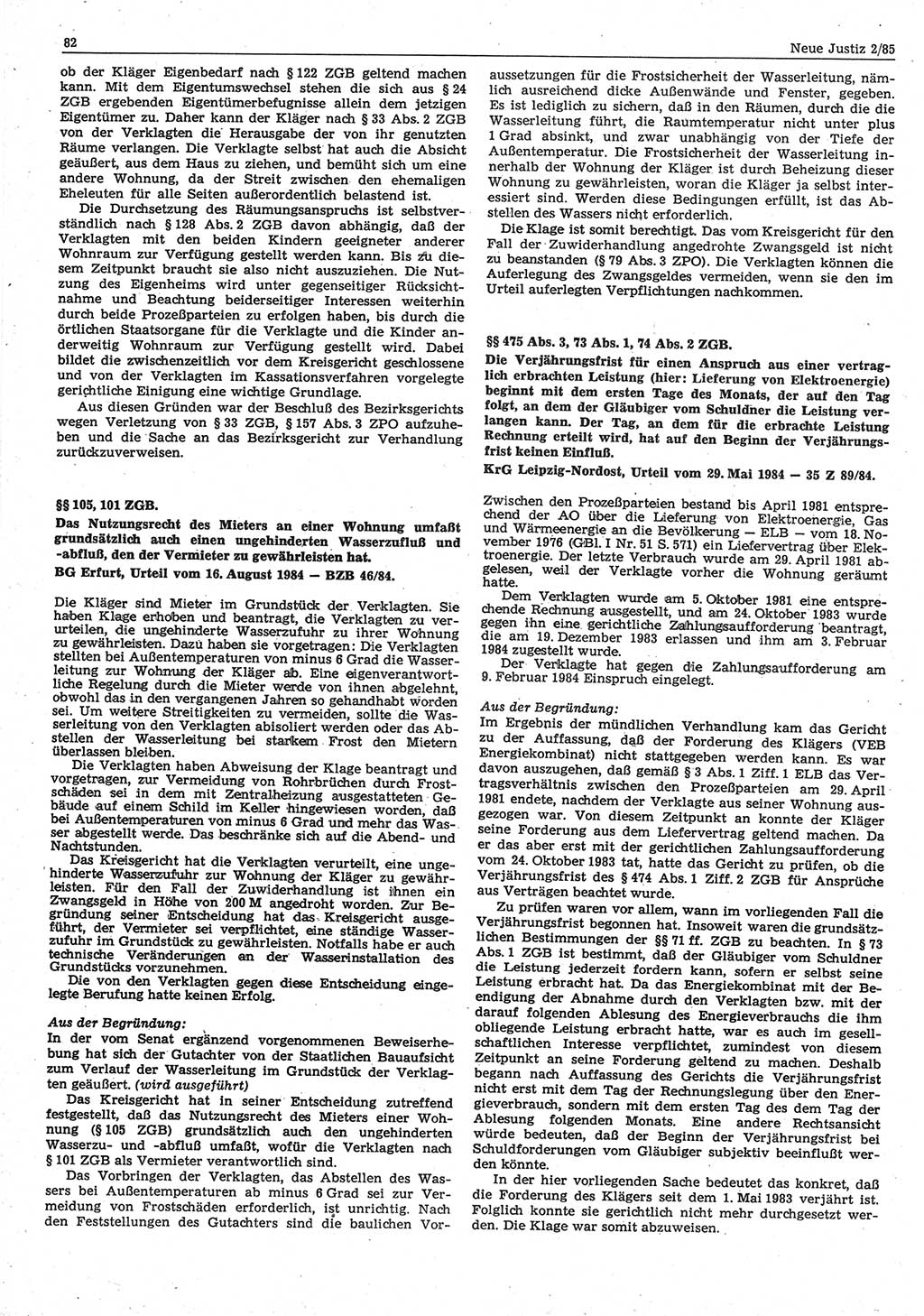 Neue Justiz (NJ), Zeitschrift für sozialistisches Recht und Gesetzlichkeit [Deutsche Demokratische Republik (DDR)], 39. Jahrgang 1985, Seite 82 (NJ DDR 1985, S. 82)