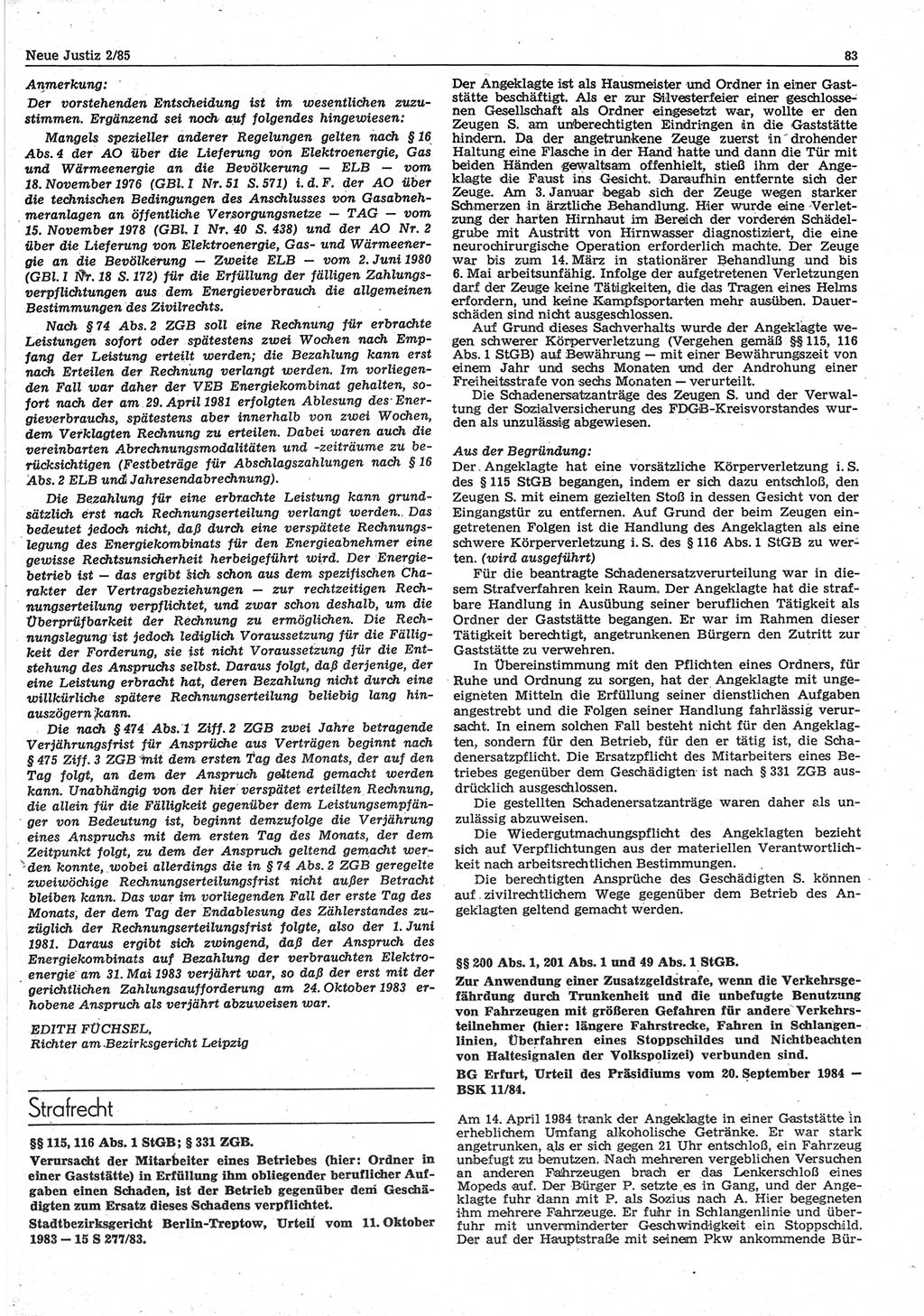 Neue Justiz (NJ), Zeitschrift für sozialistisches Recht und Gesetzlichkeit [Deutsche Demokratische Republik (DDR)], 39. Jahrgang 1985, Seite 83 (NJ DDR 1985, S. 83)