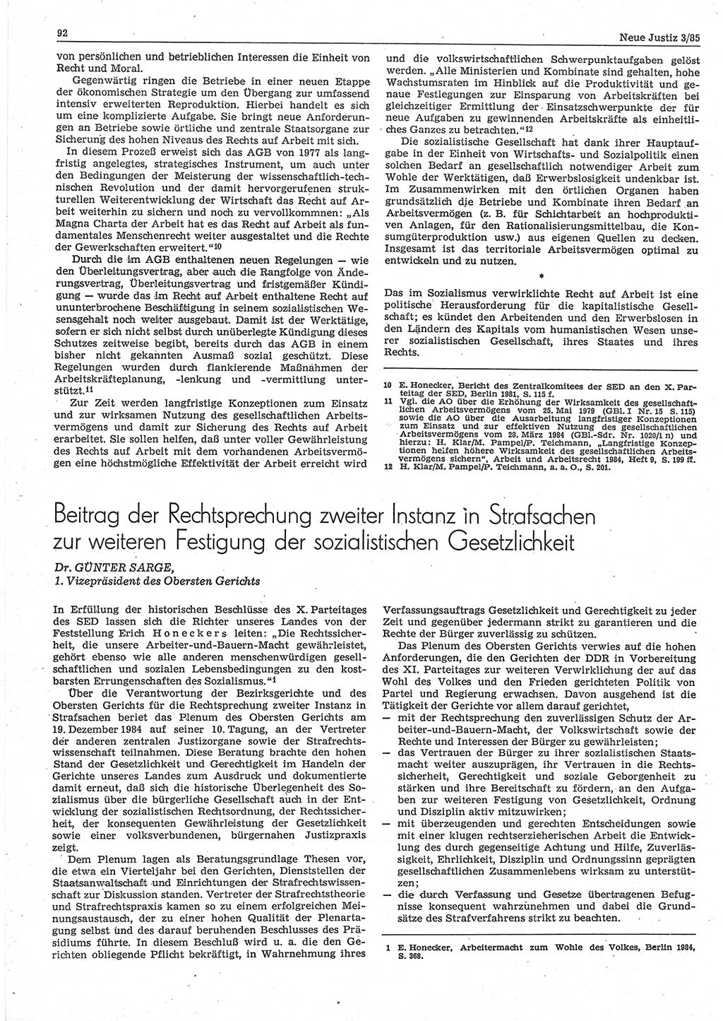 Neue Justiz (NJ), Zeitschrift für sozialistisches Recht und Gesetzlichkeit [Deutsche Demokratische Republik (DDR)], 39. Jahrgang 1985, Seite 92 (NJ DDR 1985, S. 92)