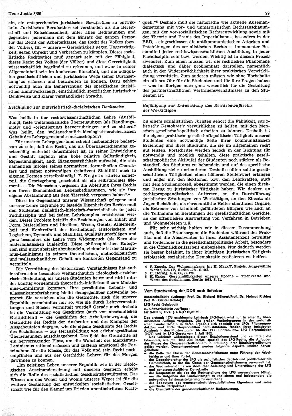 Neue Justiz (NJ), Zeitschrift für sozialistisches Recht und Gesetzlichkeit [Deutsche Demokratische Republik (DDR)], 39. Jahrgang 1985, Seite 99 (NJ DDR 1985, S. 99)
