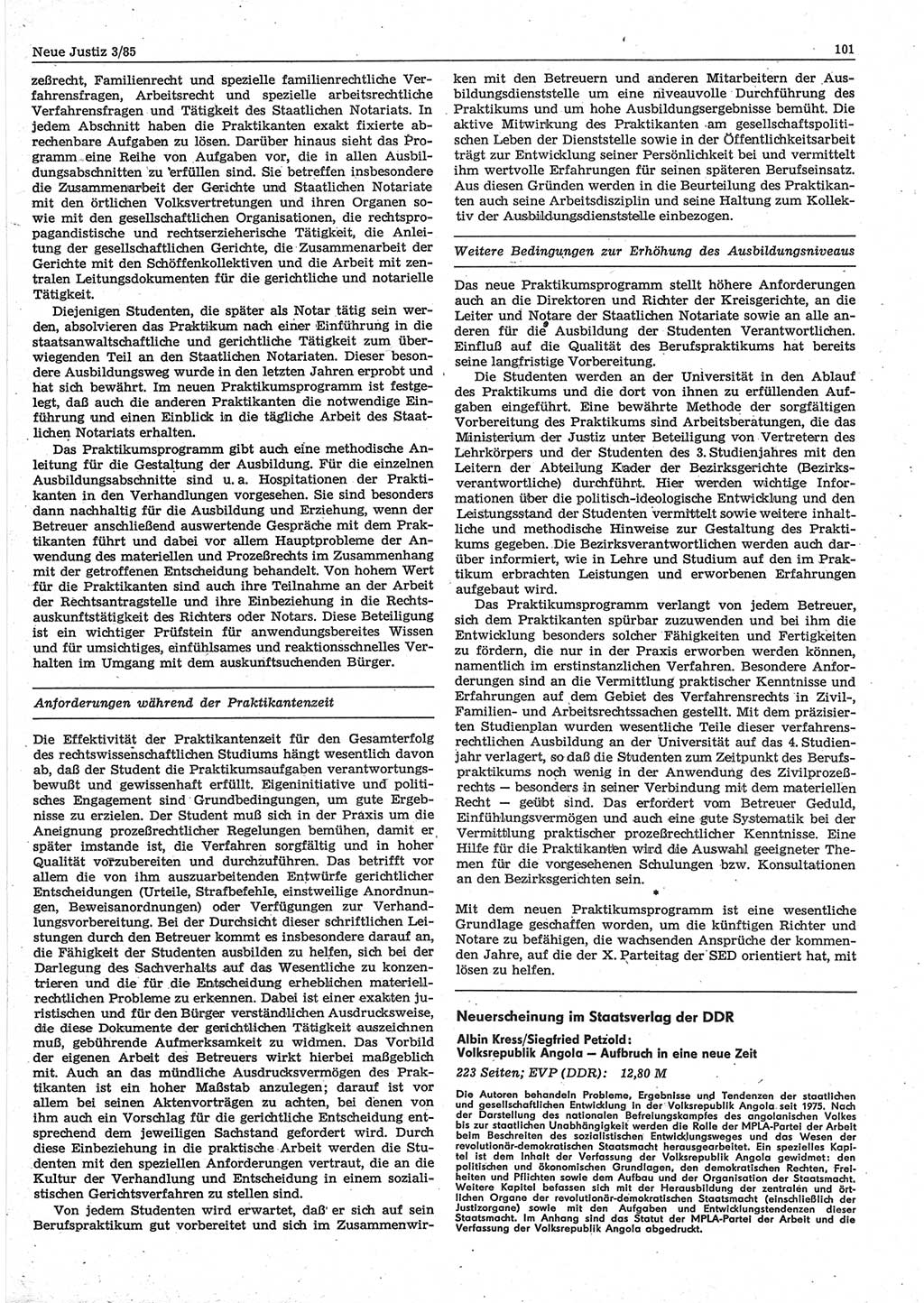 Neue Justiz (NJ), Zeitschrift für sozialistisches Recht und Gesetzlichkeit [Deutsche Demokratische Republik (DDR)], 39. Jahrgang 1985, Seite 101 (NJ DDR 1985, S. 101)