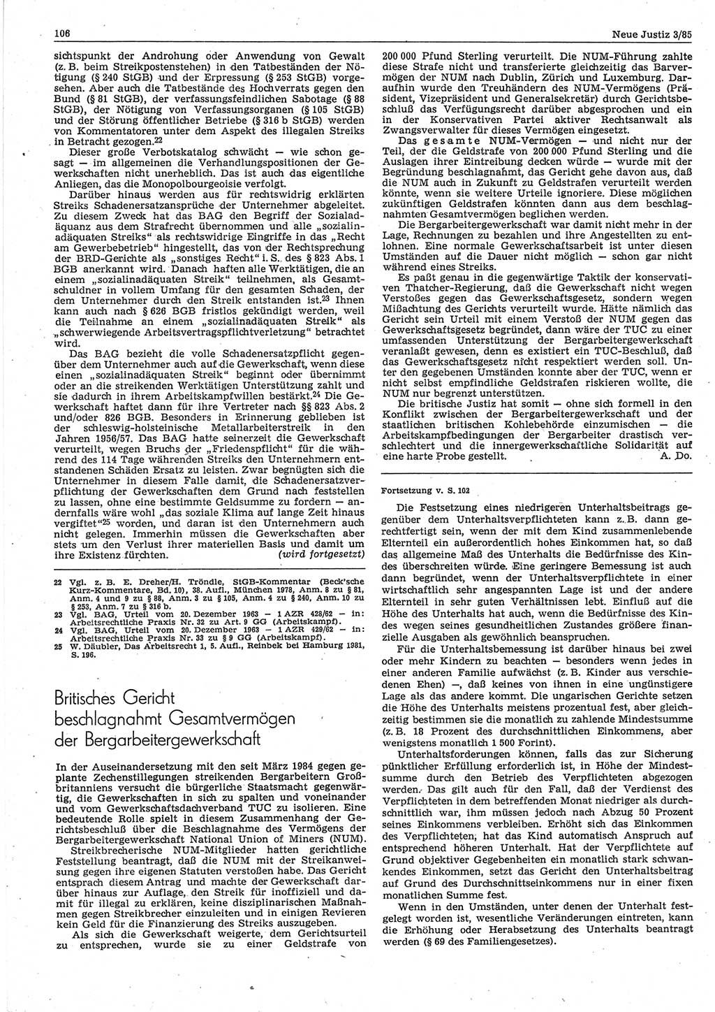 Neue Justiz (NJ), Zeitschrift für sozialistisches Recht und Gesetzlichkeit [Deutsche Demokratische Republik (DDR)], 39. Jahrgang 1985, Seite 106 (NJ DDR 1985, S. 106)