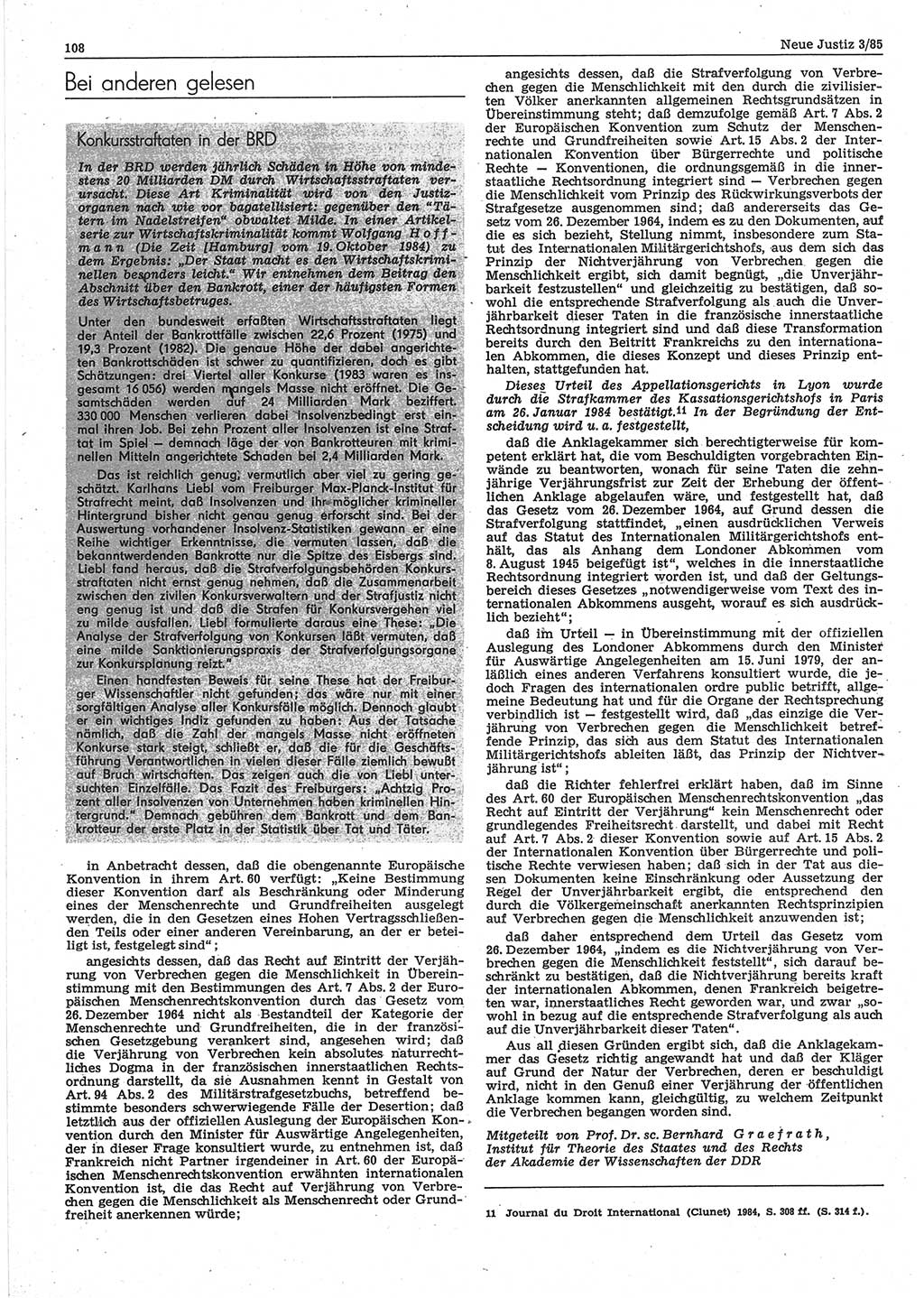 Neue Justiz (NJ), Zeitschrift für sozialistisches Recht und Gesetzlichkeit [Deutsche Demokratische Republik (DDR)], 39. Jahrgang 1985, Seite 108 (NJ DDR 1985, S. 108)