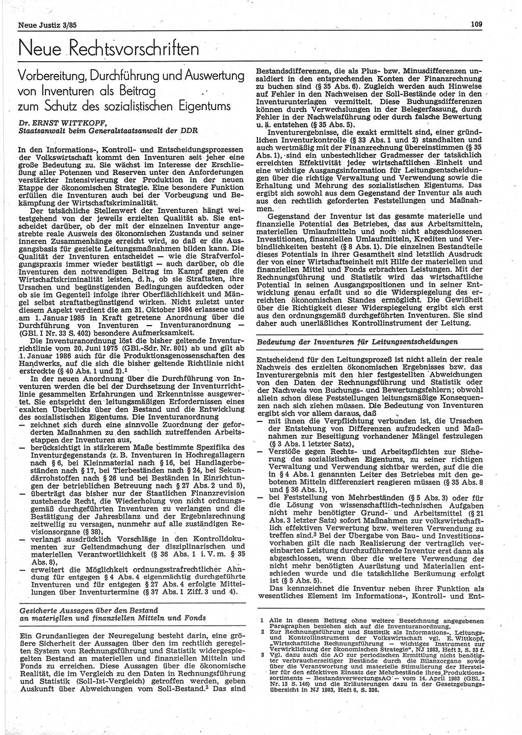 Neue Justiz (NJ), Zeitschrift für sozialistisches Recht und Gesetzlichkeit [Deutsche Demokratische Republik (DDR)], 39. Jahrgang 1985, Seite 109 (NJ DDR 1985, S. 109)