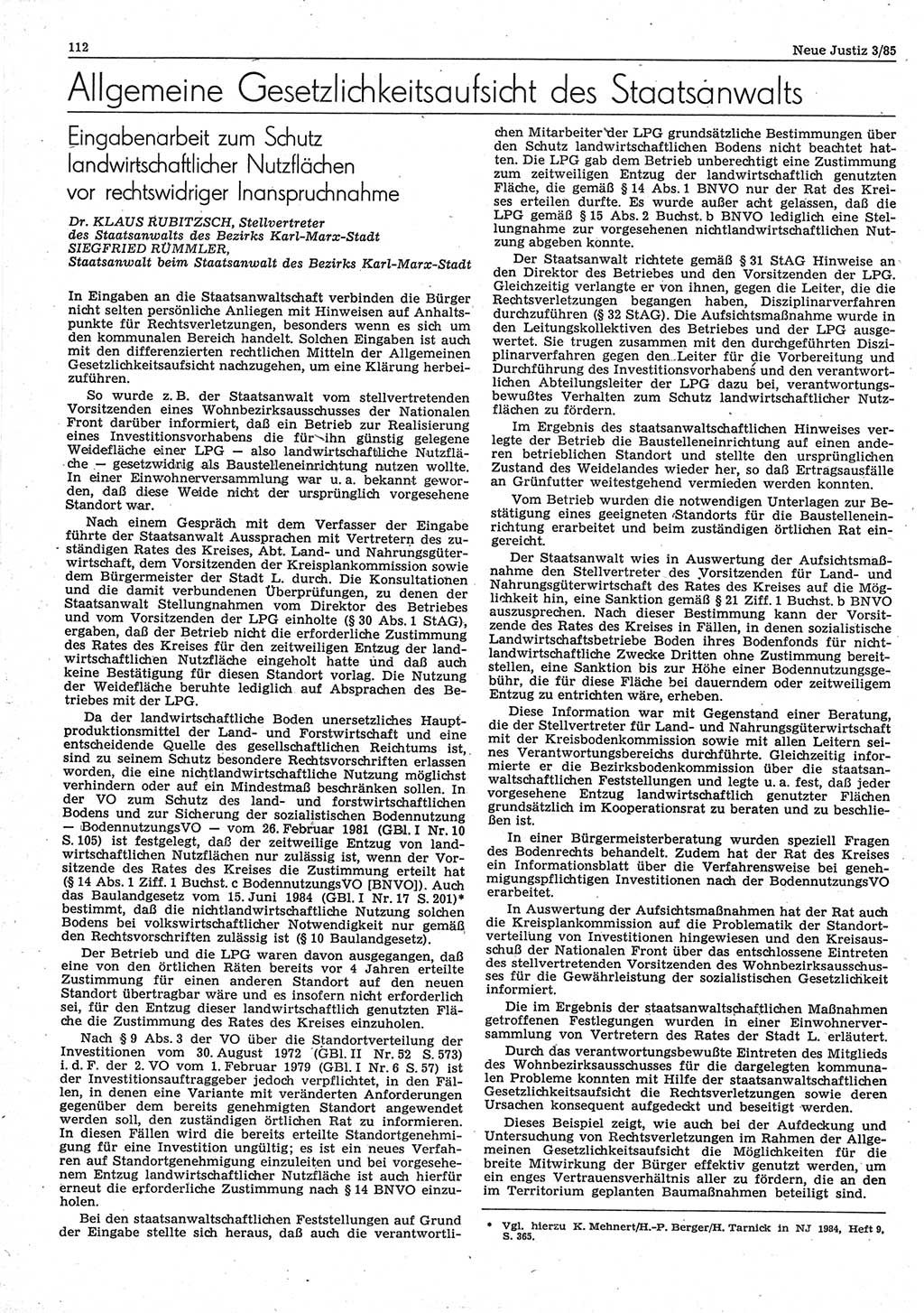 Neue Justiz (NJ), Zeitschrift für sozialistisches Recht und Gesetzlichkeit [Deutsche Demokratische Republik (DDR)], 39. Jahrgang 1985, Seite 112 (NJ DDR 1985, S. 112)
