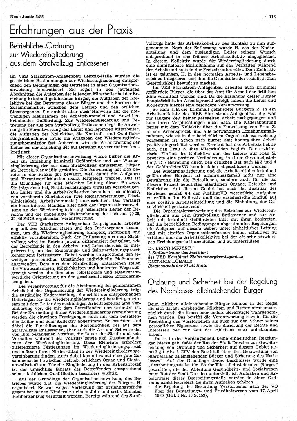 Neue Justiz (NJ), Zeitschrift für sozialistisches Recht und Gesetzlichkeit [Deutsche Demokratische Republik (DDR)], 39. Jahrgang 1985, Seite 113 (NJ DDR 1985, S. 113)