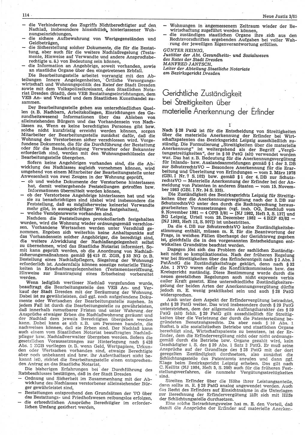 Neue Justiz (NJ), Zeitschrift für sozialistisches Recht und Gesetzlichkeit [Deutsche Demokratische Republik (DDR)], 39. Jahrgang 1985, Seite 114 (NJ DDR 1985, S. 114)