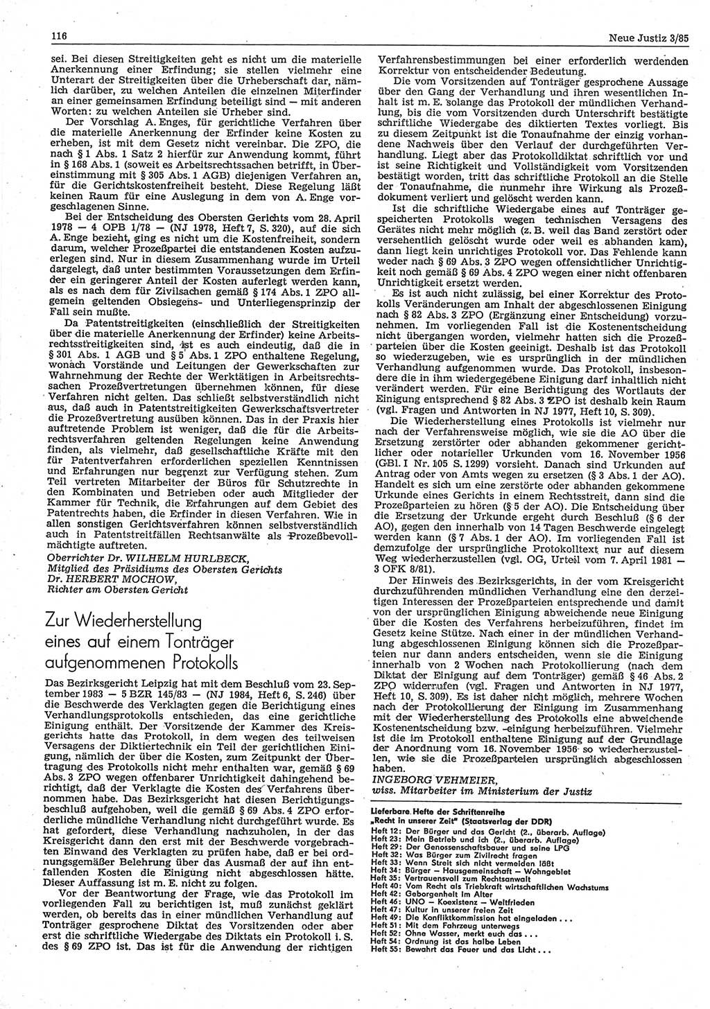 Neue Justiz (NJ), Zeitschrift für sozialistisches Recht und Gesetzlichkeit [Deutsche Demokratische Republik (DDR)], 39. Jahrgang 1985, Seite 116 (NJ DDR 1985, S. 116)