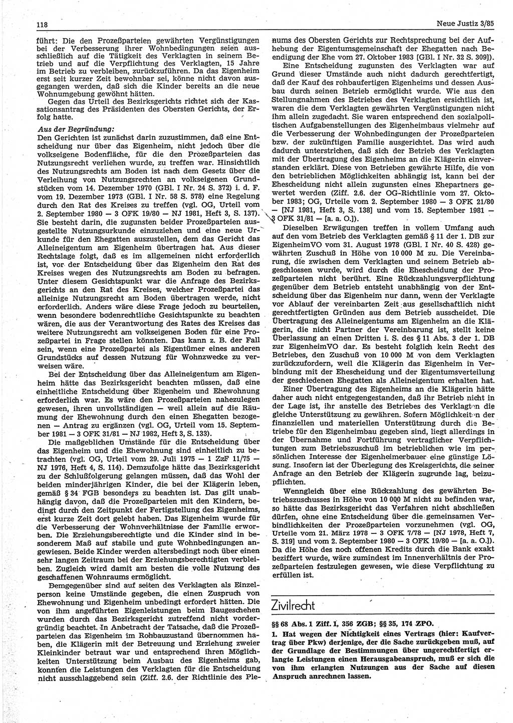Neue Justiz (NJ), Zeitschrift für sozialistisches Recht und Gesetzlichkeit [Deutsche Demokratische Republik (DDR)], 39. Jahrgang 1985, Seite 118 (NJ DDR 1985, S. 118)