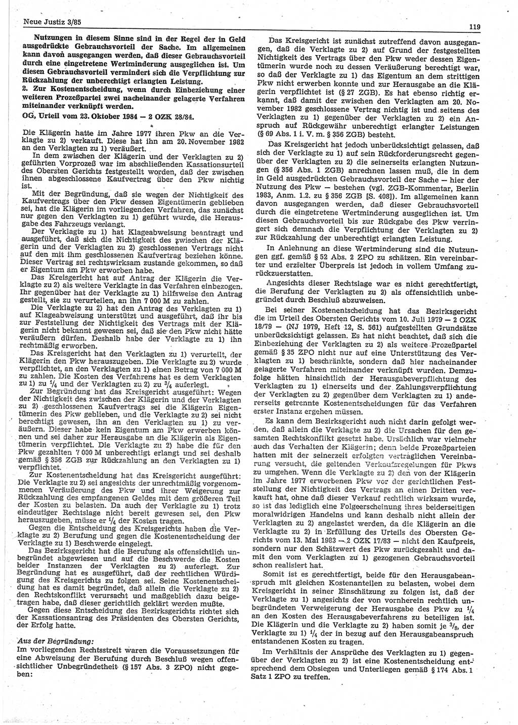 Neue Justiz (NJ), Zeitschrift für sozialistisches Recht und Gesetzlichkeit [Deutsche Demokratische Republik (DDR)], 39. Jahrgang 1985, Seite 119 (NJ DDR 1985, S. 119)