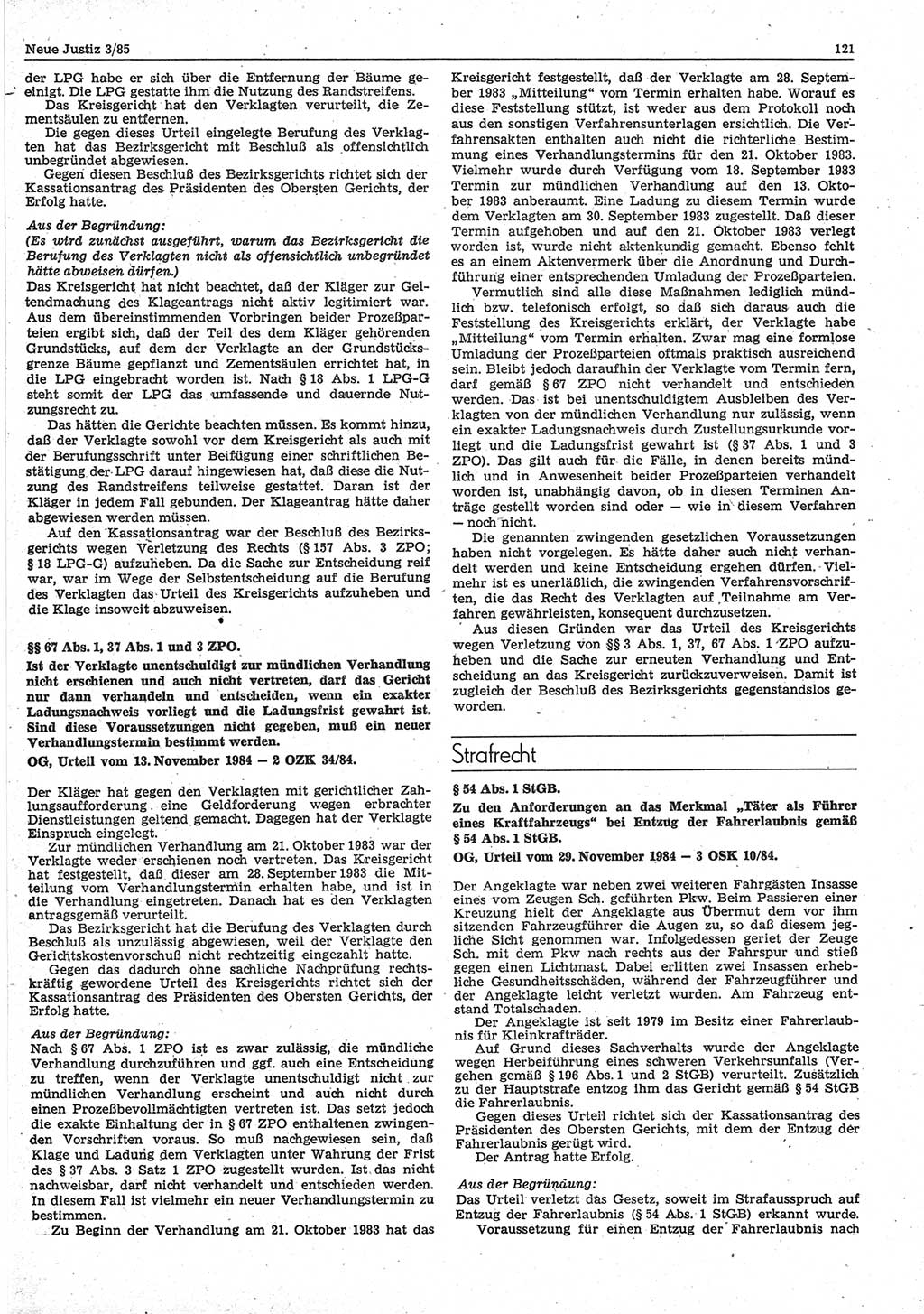 Neue Justiz (NJ), Zeitschrift für sozialistisches Recht und Gesetzlichkeit [Deutsche Demokratische Republik (DDR)], 39. Jahrgang 1985, Seite 121 (NJ DDR 1985, S. 121)