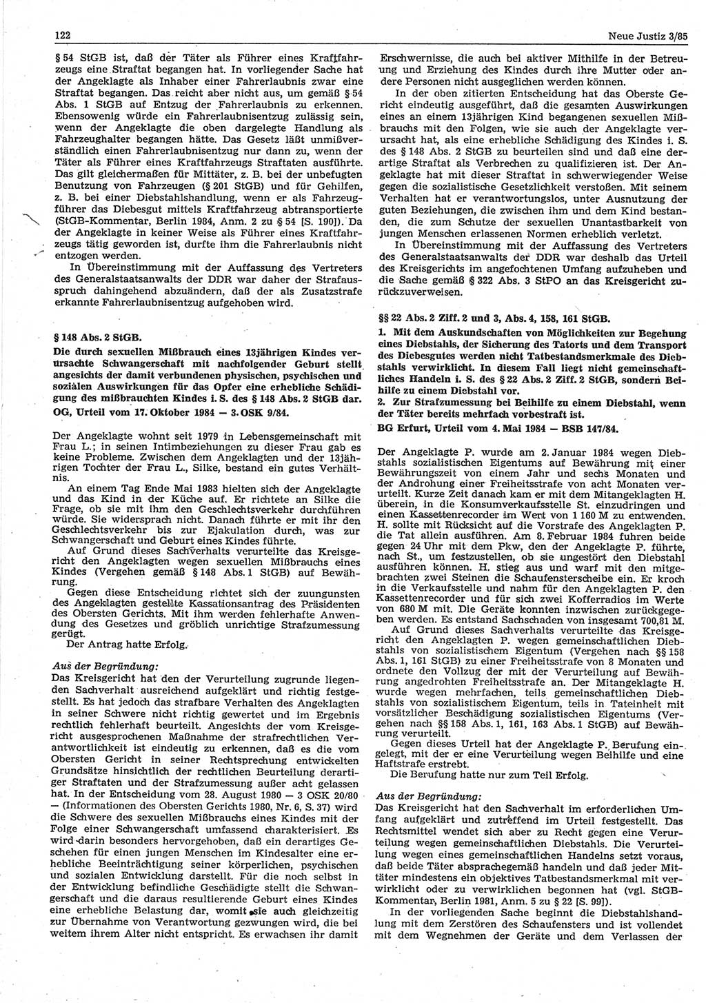 Neue Justiz (NJ), Zeitschrift für sozialistisches Recht und Gesetzlichkeit [Deutsche Demokratische Republik (DDR)], 39. Jahrgang 1985, Seite 122 (NJ DDR 1985, S. 122)