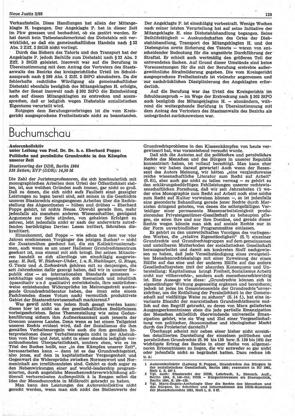 Neue Justiz (NJ), Zeitschrift für sozialistisches Recht und Gesetzlichkeit [Deutsche Demokratische Republik (DDR)], 39. Jahrgang 1985, Seite 123 (NJ DDR 1985, S. 123)