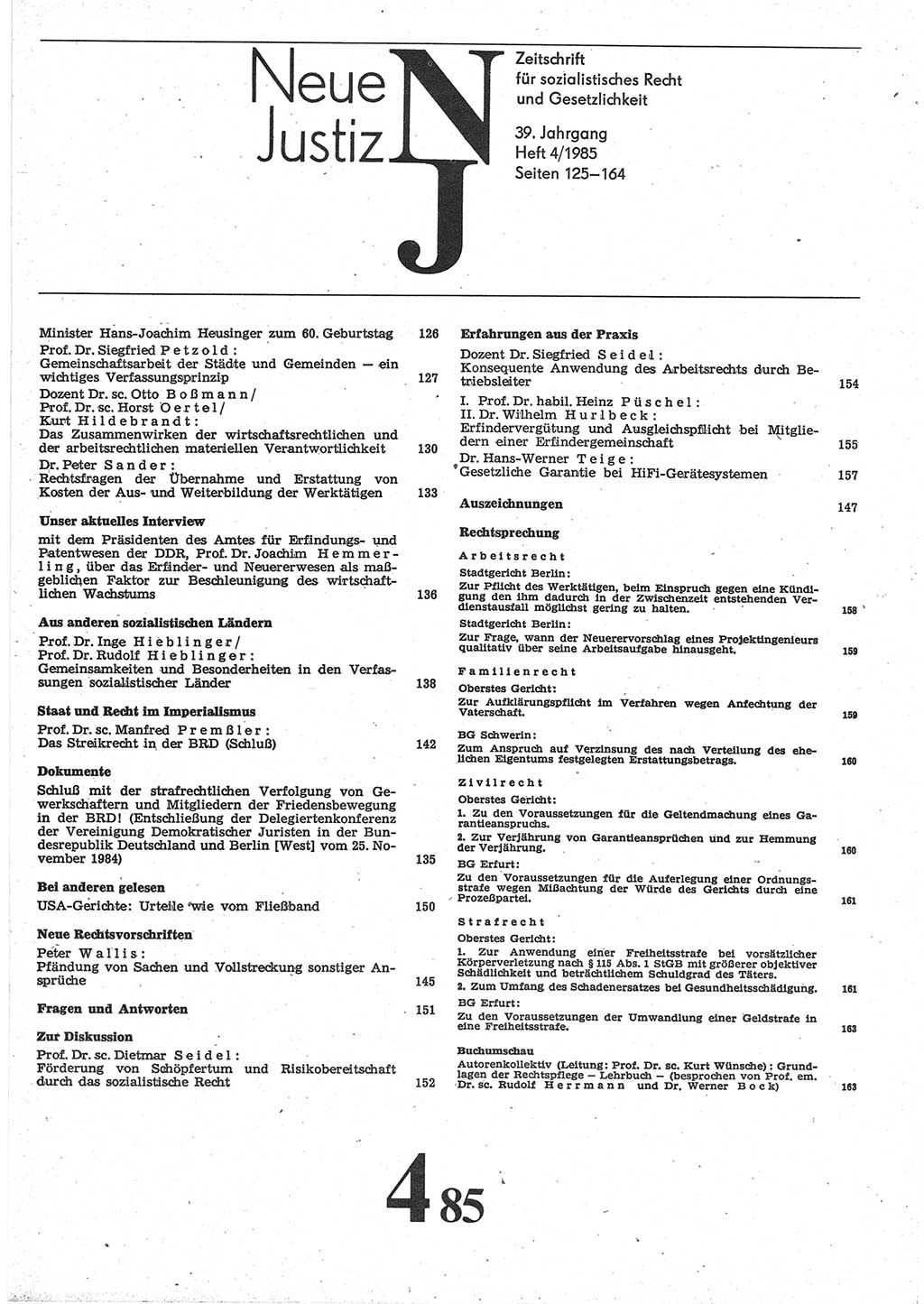Neue Justiz (NJ), Zeitschrift für sozialistisches Recht und Gesetzlichkeit [Deutsche Demokratische Republik (DDR)], 39. Jahrgang 1985, Seite 125 (NJ DDR 1985, S. 125)