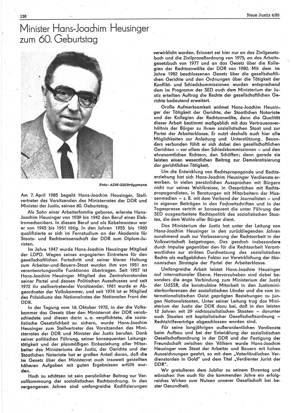 Neue Justiz (NJ), Zeitschrift für sozialistisches Recht und Gesetzlichkeit [Deutsche Demokratische Republik (DDR)], 39. Jahrgang 1985, Seite 126 (NJ DDR 1985, S. 126)