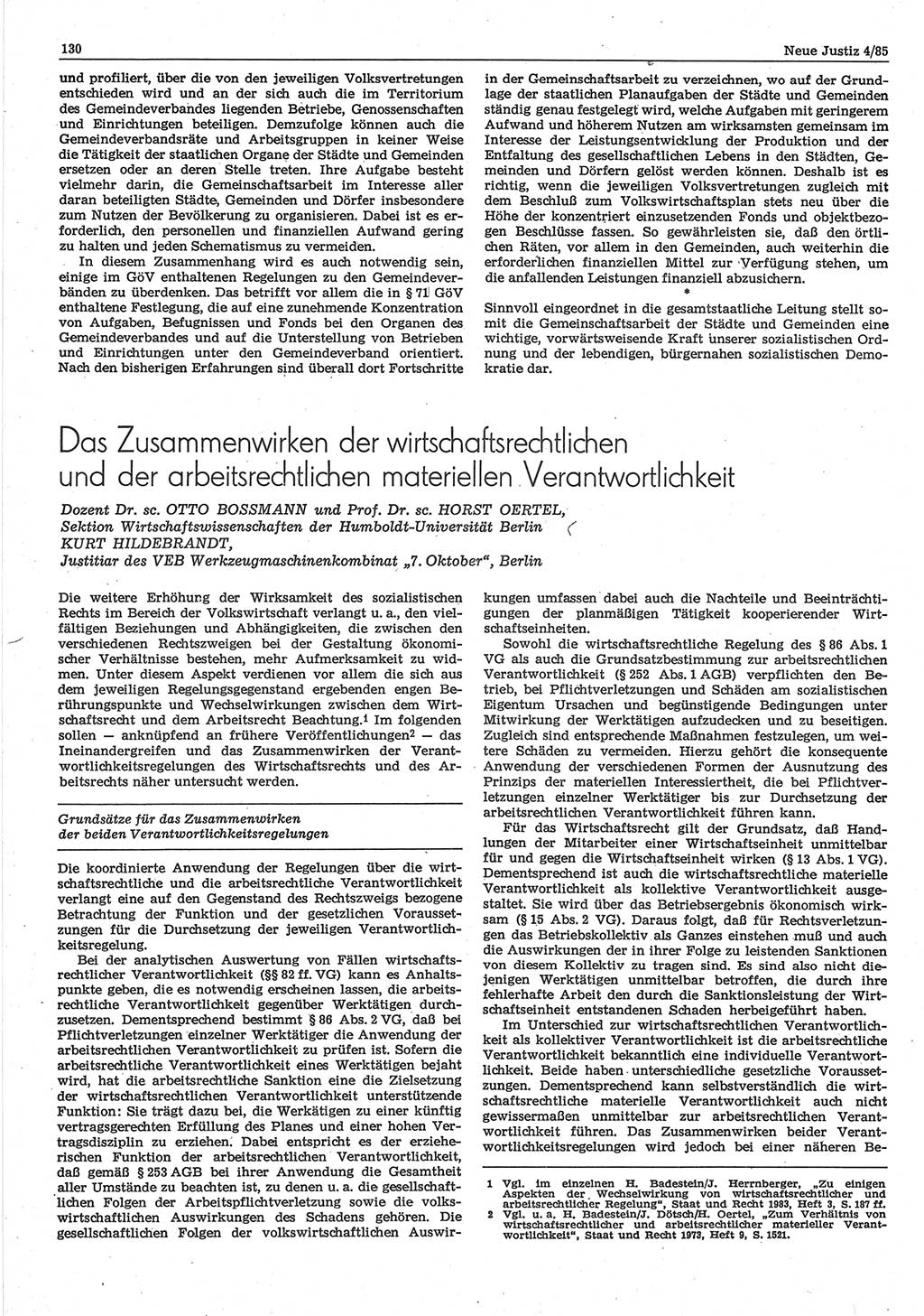 Neue Justiz (NJ), Zeitschrift für sozialistisches Recht und Gesetzlichkeit [Deutsche Demokratische Republik (DDR)], 39. Jahrgang 1985, Seite 130 (NJ DDR 1985, S. 130)