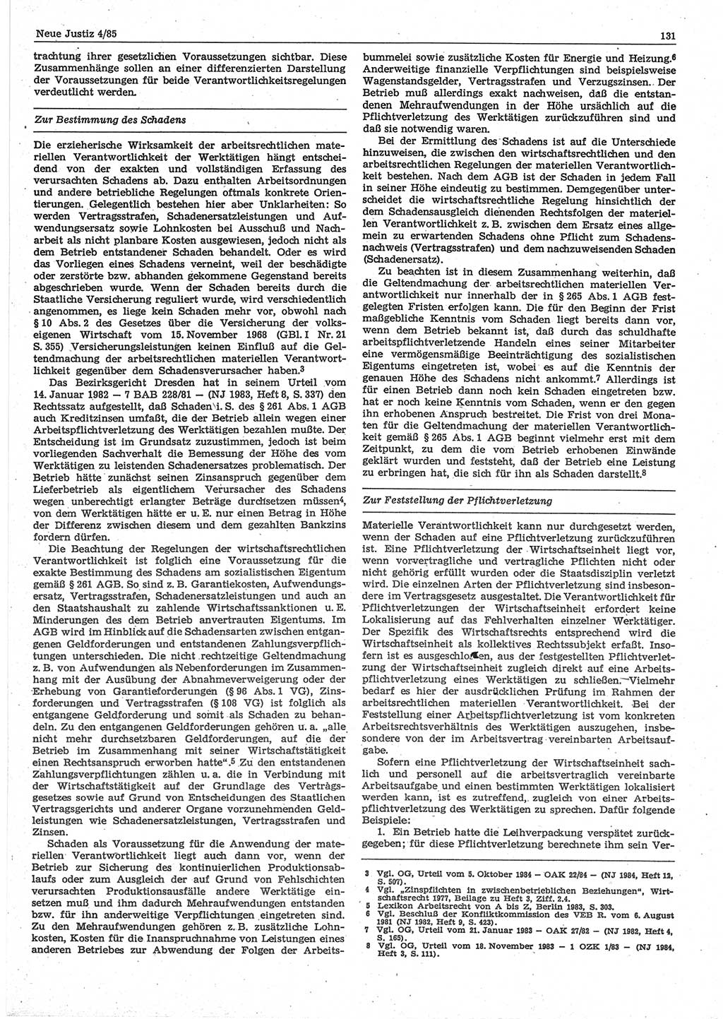 Neue Justiz (NJ), Zeitschrift für sozialistisches Recht und Gesetzlichkeit [Deutsche Demokratische Republik (DDR)], 39. Jahrgang 1985, Seite 131 (NJ DDR 1985, S. 131)