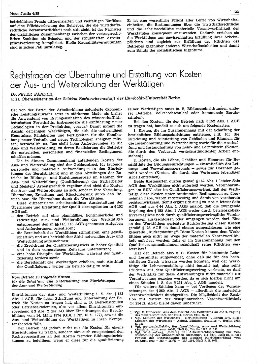 Neue Justiz (NJ), Zeitschrift für sozialistisches Recht und Gesetzlichkeit [Deutsche Demokratische Republik (DDR)], 39. Jahrgang 1985, Seite 133 (NJ DDR 1985, S. 133)