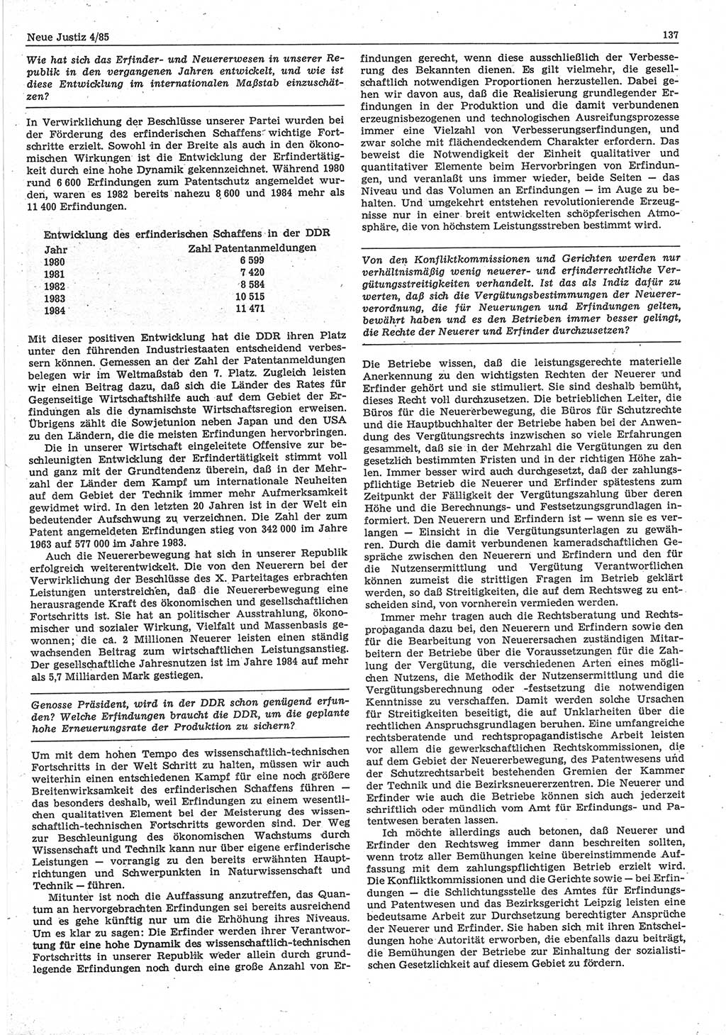 Neue Justiz (NJ), Zeitschrift für sozialistisches Recht und Gesetzlichkeit [Deutsche Demokratische Republik (DDR)], 39. Jahrgang 1985, Seite 137 (NJ DDR 1985, S. 137)