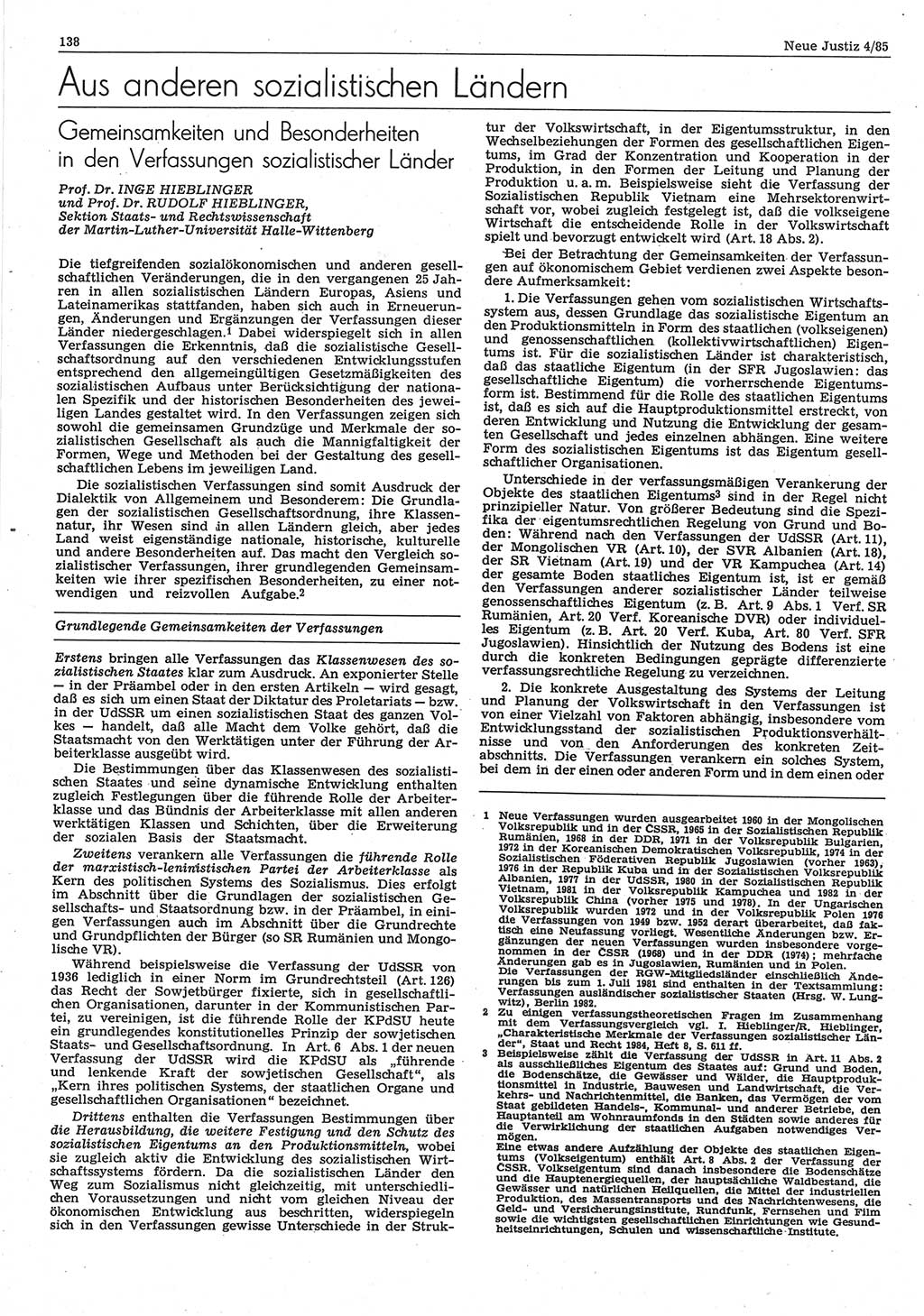 Neue Justiz (NJ), Zeitschrift für sozialistisches Recht und Gesetzlichkeit [Deutsche Demokratische Republik (DDR)], 39. Jahrgang 1985, Seite 138 (NJ DDR 1985, S. 138)