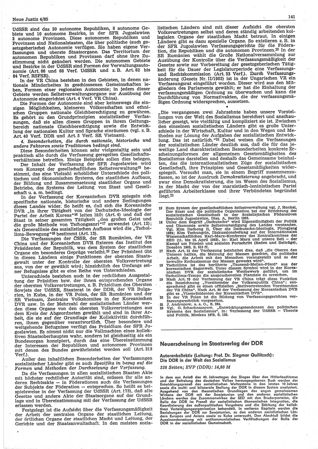 Neue Justiz (NJ), Zeitschrift für sozialistisches Recht und Gesetzlichkeit [Deutsche Demokratische Republik (DDR)], 39. Jahrgang 1985, Seite 141 (NJ DDR 1985, S. 141)