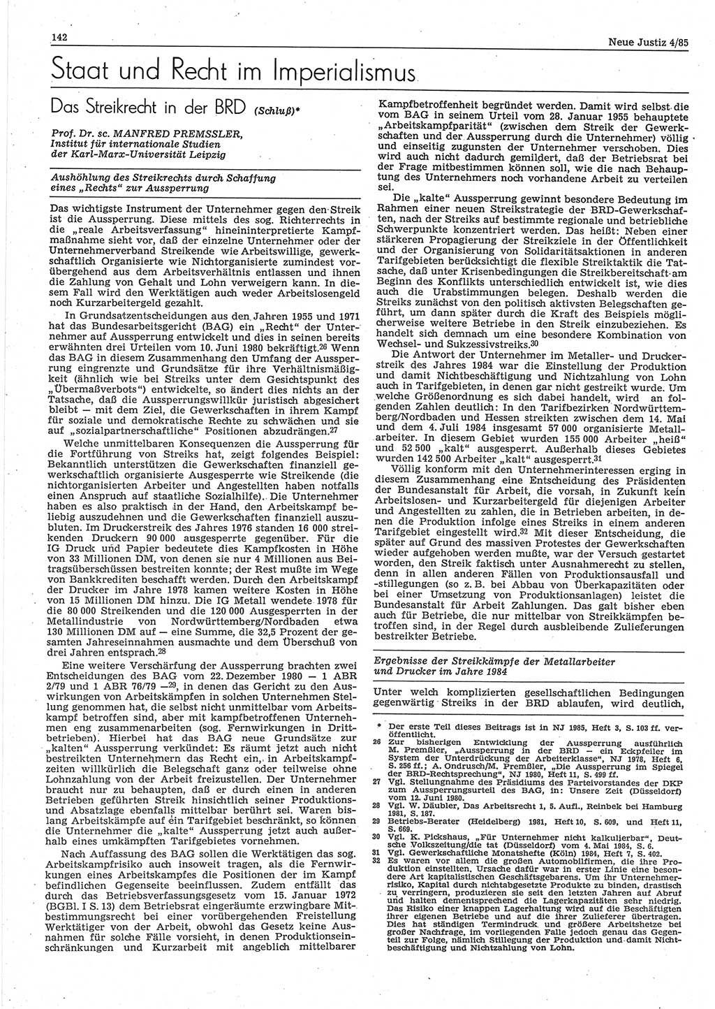 Neue Justiz (NJ), Zeitschrift für sozialistisches Recht und Gesetzlichkeit [Deutsche Demokratische Republik (DDR)], 39. Jahrgang 1985, Seite 142 (NJ DDR 1985, S. 142)