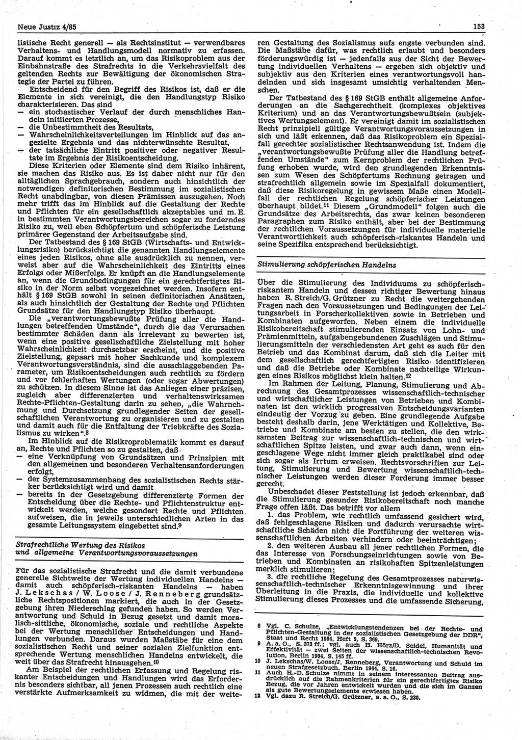 Neue Justiz (NJ), Zeitschrift für sozialistisches Recht und Gesetzlichkeit [Deutsche Demokratische Republik (DDR)], 39. Jahrgang 1985, Seite 153 (NJ DDR 1985, S. 153)