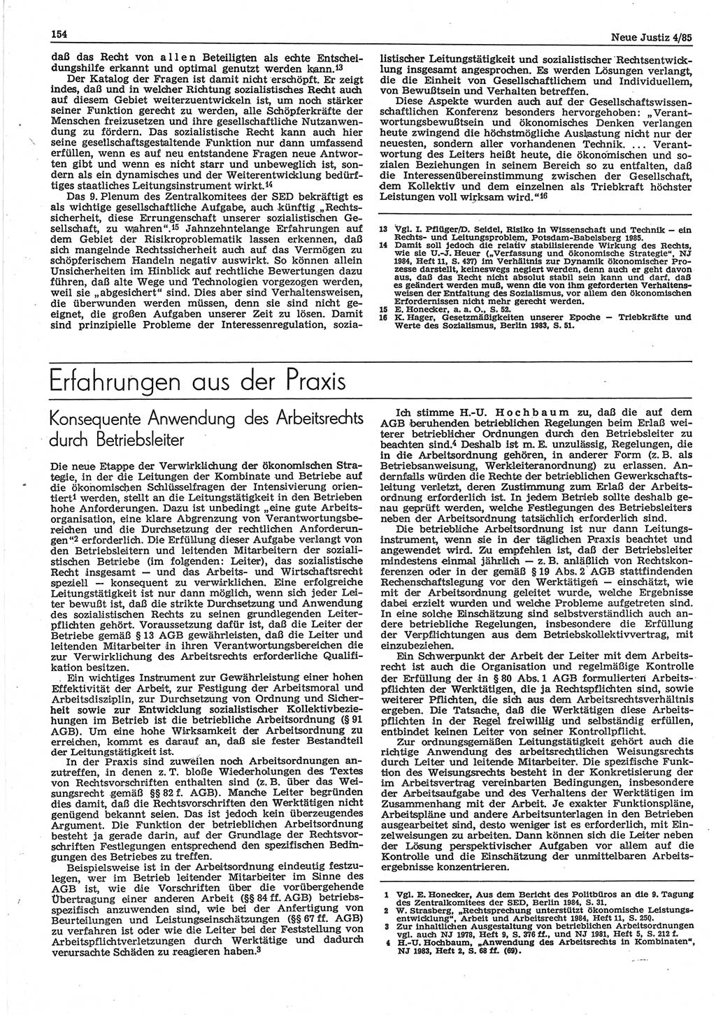 Neue Justiz (NJ), Zeitschrift für sozialistisches Recht und Gesetzlichkeit [Deutsche Demokratische Republik (DDR)], 39. Jahrgang 1985, Seite 154 (NJ DDR 1985, S. 154)
