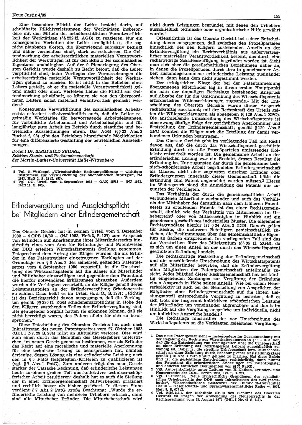 Neue Justiz (NJ), Zeitschrift für sozialistisches Recht und Gesetzlichkeit [Deutsche Demokratische Republik (DDR)], 39. Jahrgang 1985, Seite 155 (NJ DDR 1985, S. 155)