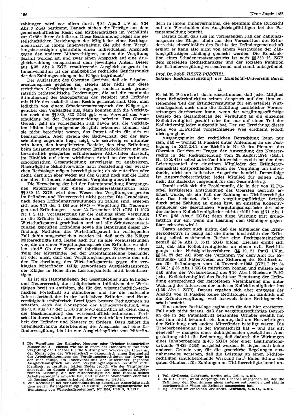 Neue Justiz (NJ), Zeitschrift für sozialistisches Recht und Gesetzlichkeit [Deutsche Demokratische Republik (DDR)], 39. Jahrgang 1985, Seite 156 (NJ DDR 1985, S. 156)