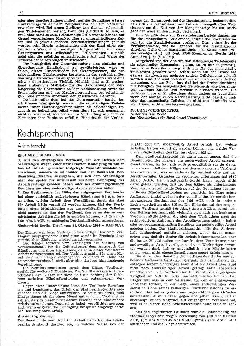 Neue Justiz (NJ), Zeitschrift für sozialistisches Recht und Gesetzlichkeit [Deutsche Demokratische Republik (DDR)], 39. Jahrgang 1985, Seite 158 (NJ DDR 1985, S. 158)
